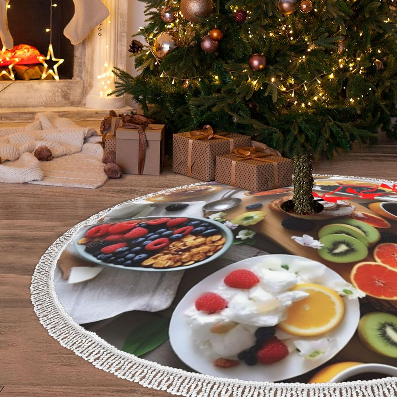 Jupe de sapin de Noël en peluche blanche douce de 122 cm avec pompons élégants