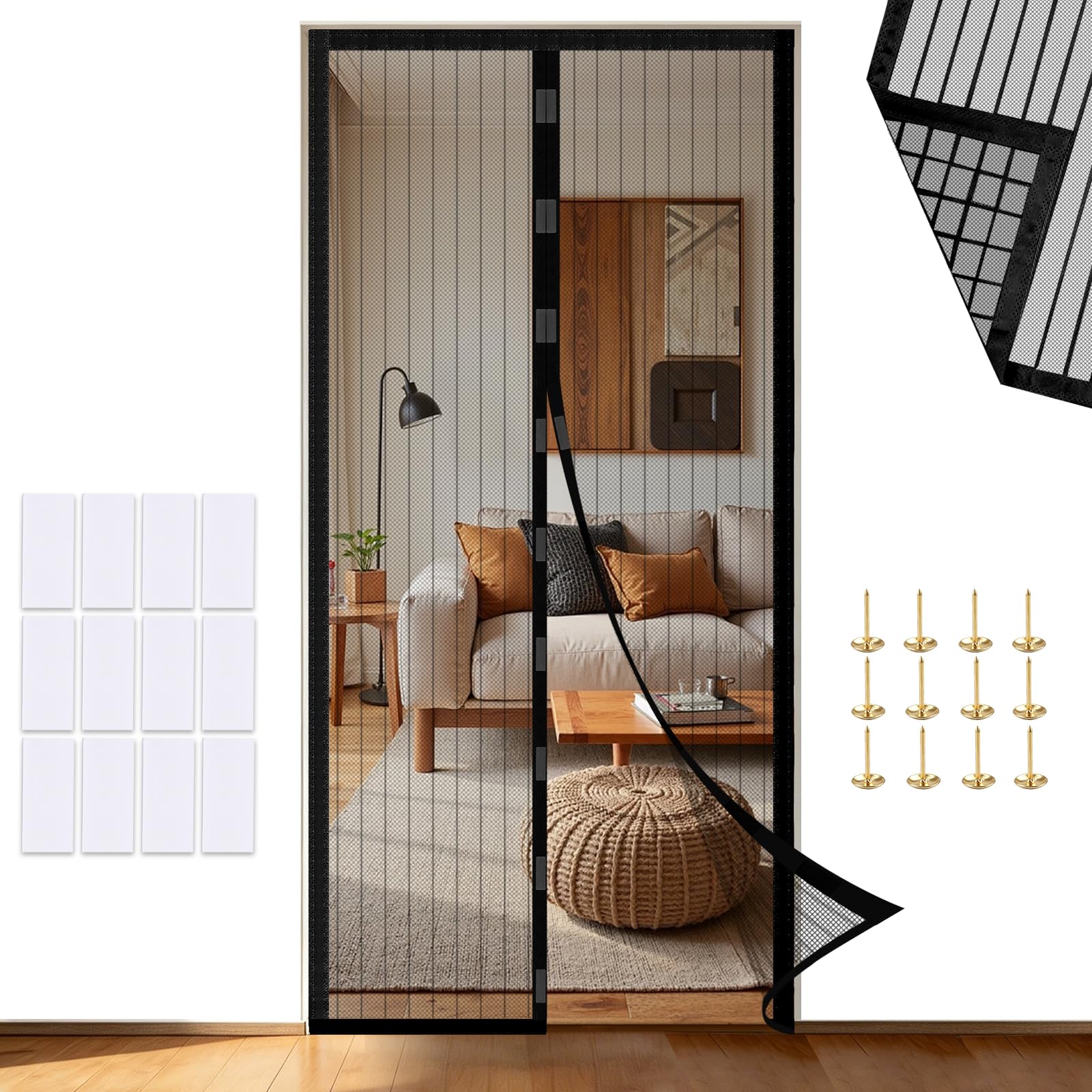 Magnetic Fly Screen Door Curtain – Strong Magnets & Magic Band, Scratch-Resistant Mosquito Net for Patio, Balcony, Bedroom (Black, 90×210 cm)