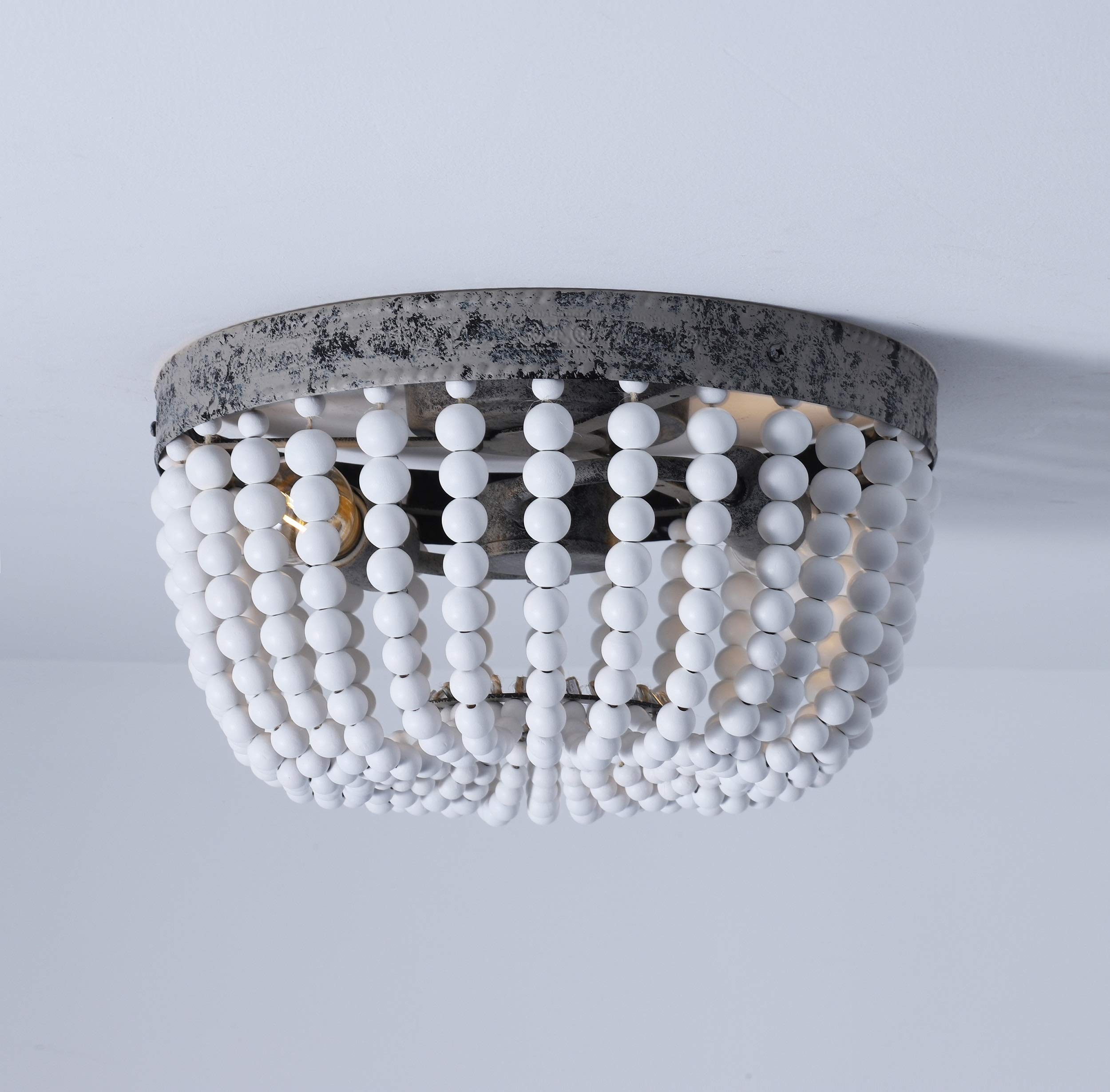 12.5" Bohemia Wood Beaded Flush Mount Ceiling Light, Boho Style Light Fixture, White Farmhouse Ceiling Light for Entryway, Hallway, Bedroom, and Stairway