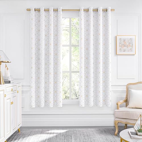 Beauoop Cortinas 100% opacas de 54 pulgadas de largo para dormitorio, sala de estar, cortinas con patrón marroquí dorado con aislamiento térmico y