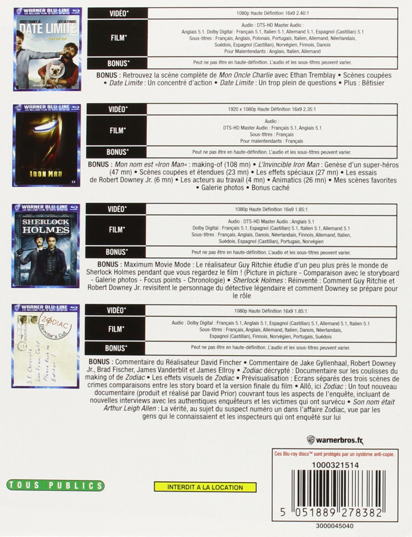 La Collection Robert Downey Jr. - Date limite + Sherlock Holmes + Iron Man + Zodiac [Blu-ray]