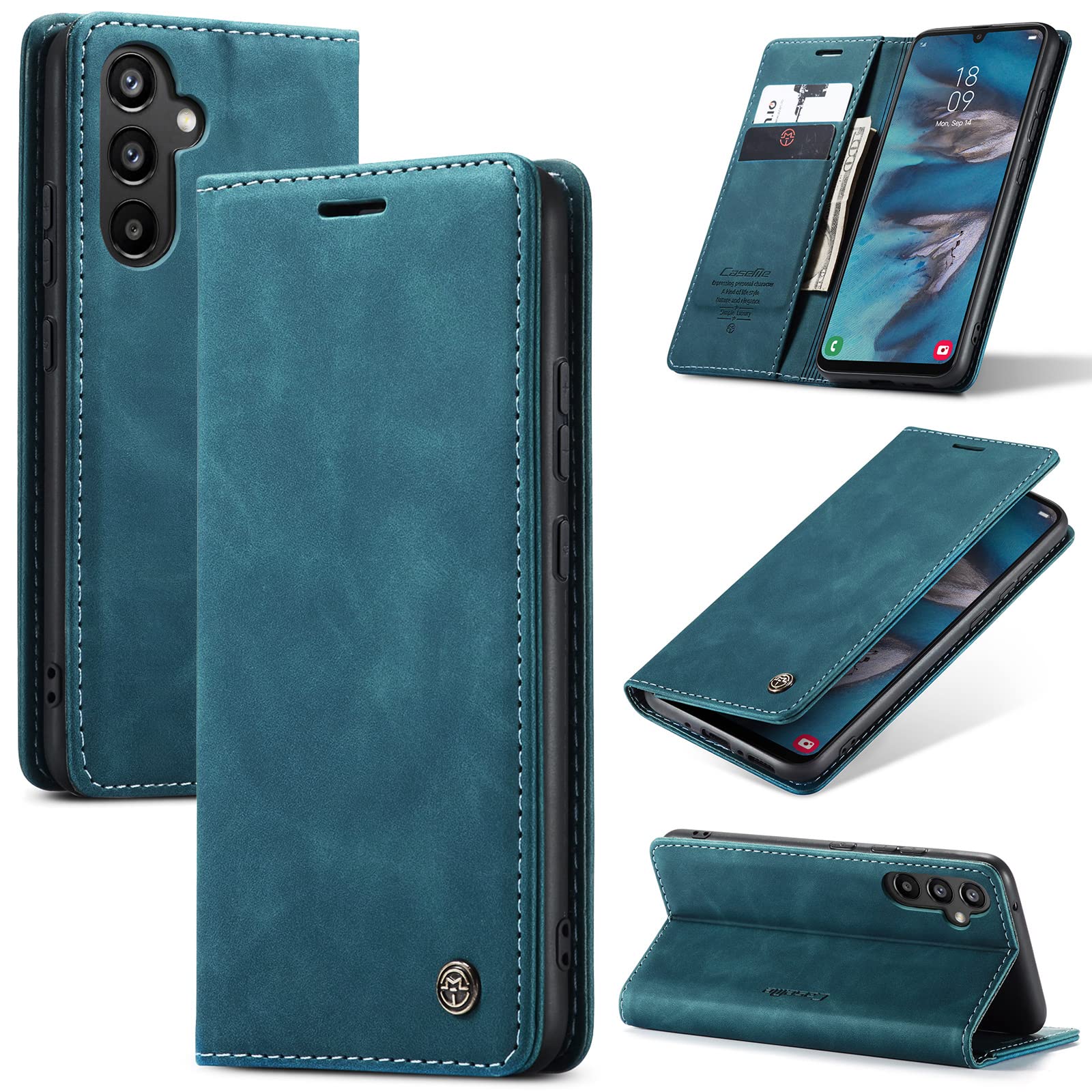 Azororo Cover per Samsung Galaxy A34 5G, Premium PU Pelle Custodia, Magnetica Carta Fessura Portafoglio Case, Flip Cavalletto Custodia per Samsung Galaxy A34- Blu verde
