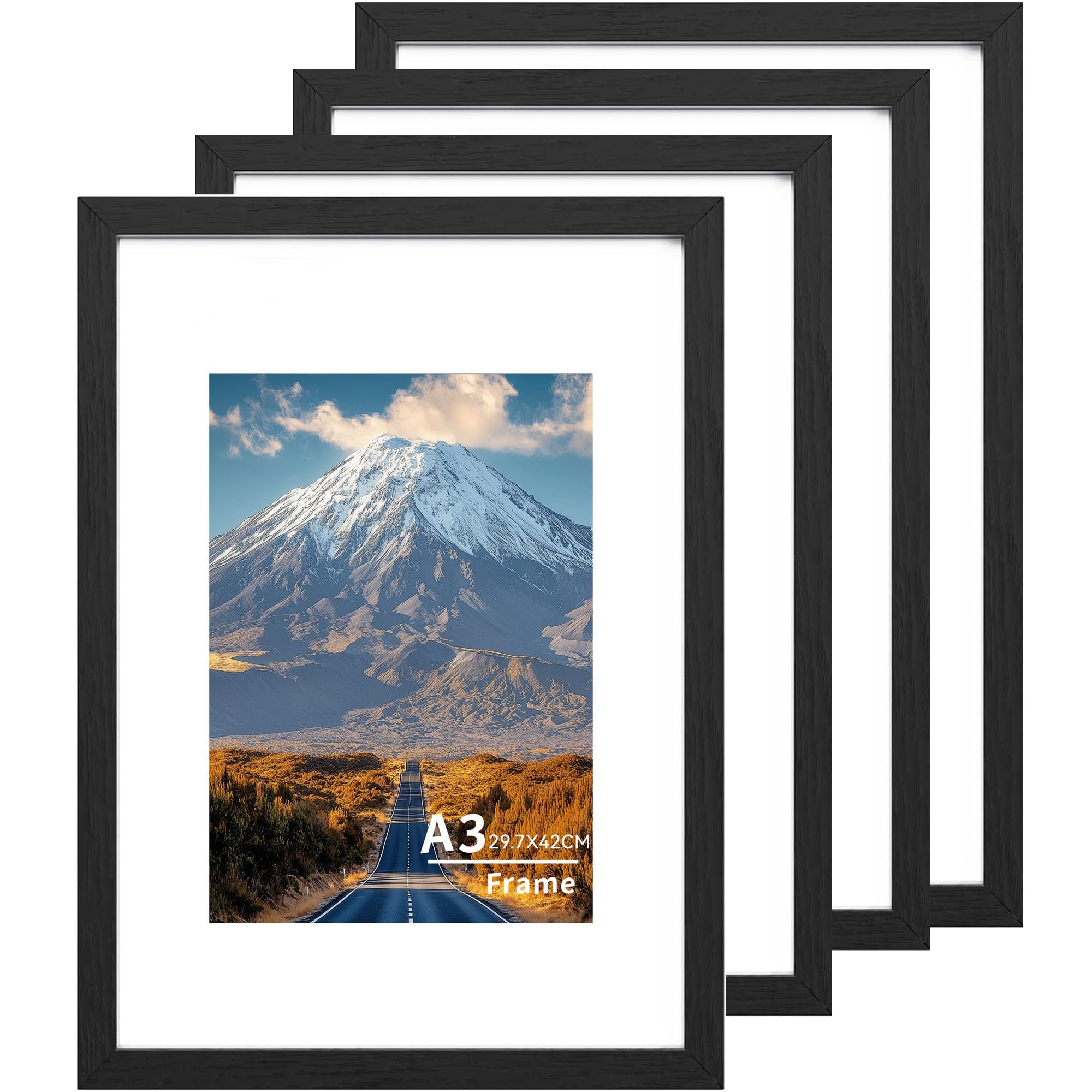 A3 Picture Frame,A3(29.7x42cm) Wooden Frames,Wall-Mounted Poster Frame, Photo Frame with Acrylic Glass (Not Glass), Landscape or Portrait,A3 Black Frames with A4 Mount,4 Pack