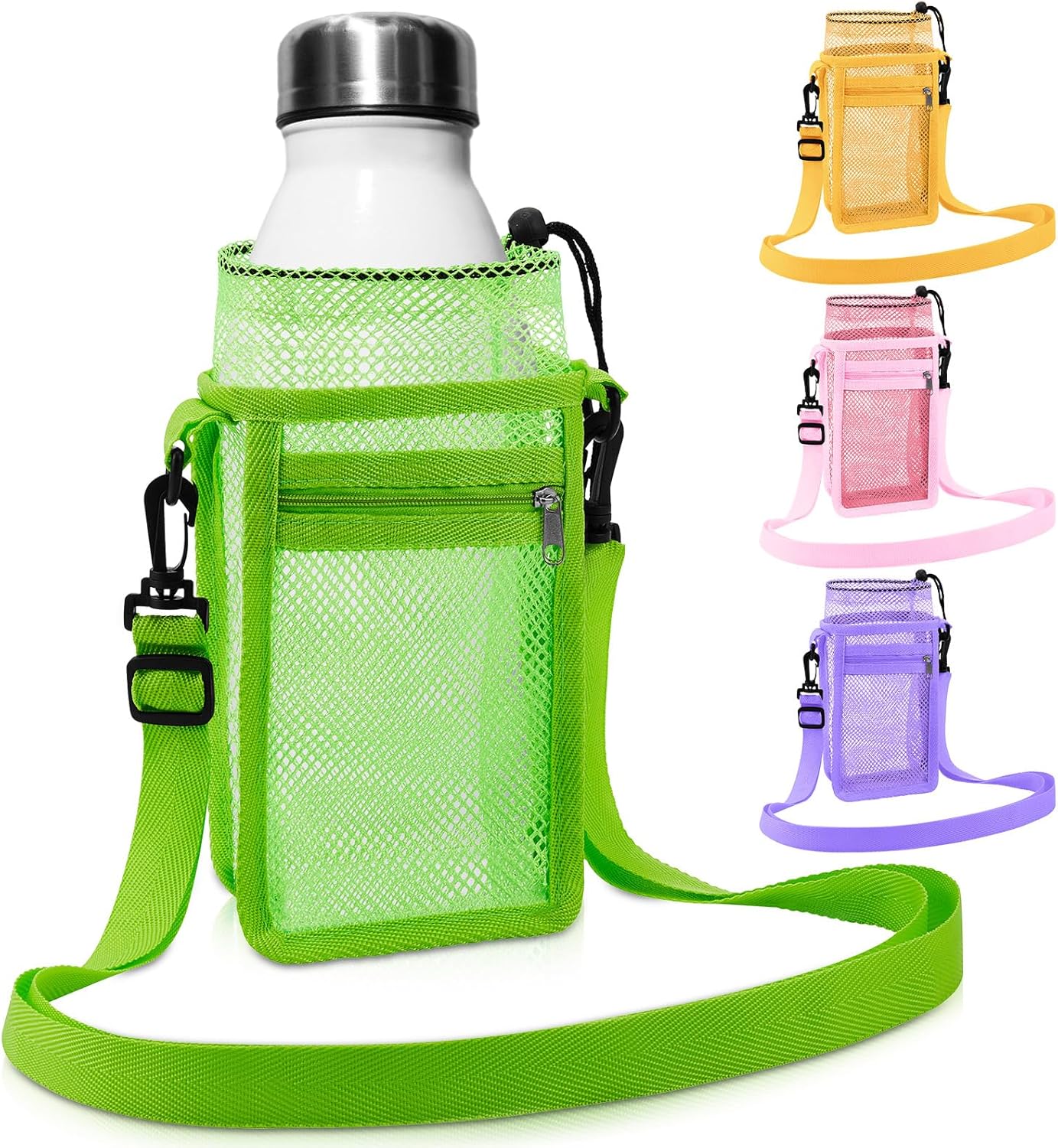 Berlune Water Bottle Holder with Strap Drawstring Water Bottle Carrier with Zipper Pocket Adjustable Shoulder Mesh Sling Bag for Hiking Walking Camping Travel