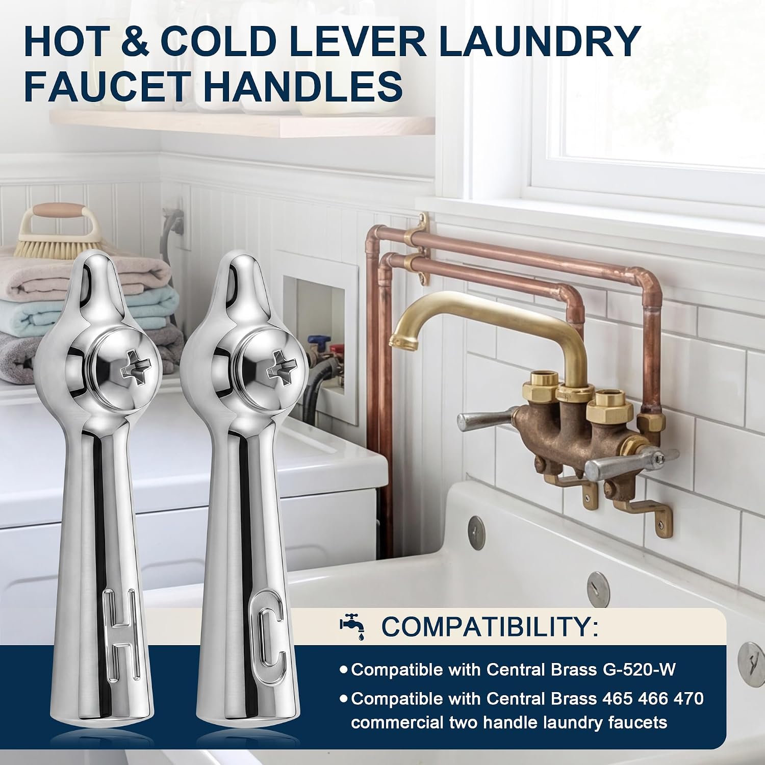 Hot and Cold Lever Laundry Faucet Handles, Compatible with Central Brass G-520-W, Compatible with Central Brass 465 466 470 Two Handle Laundry Faucets Commercial, with Handle Screws, Metal