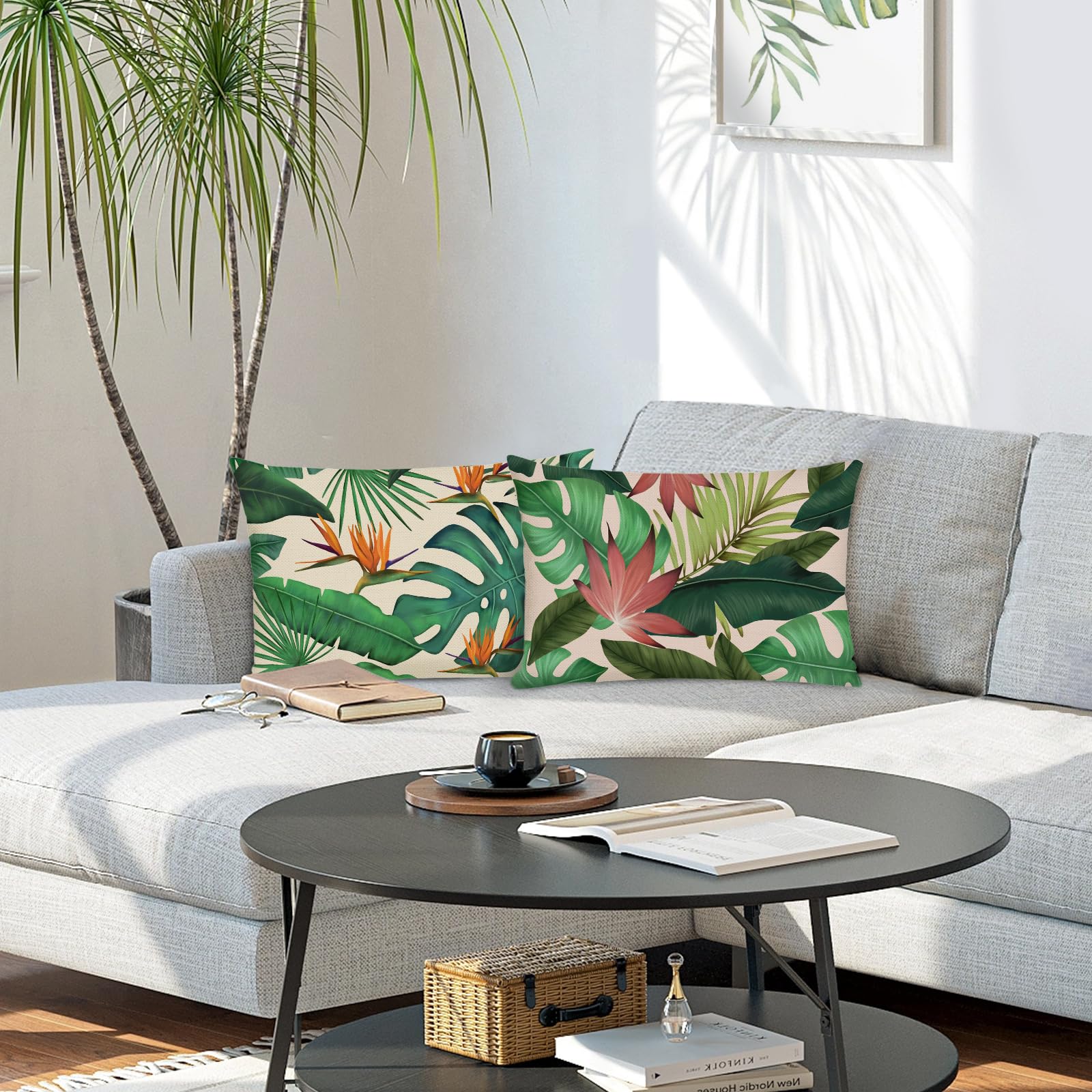 Bonhause Tropical Leaves Cushion Covers 30 x 50 cm Green Leaf Plant Decorative Throw Pillow Covers for Sofa Couch Bed Patio Garden Outdoor Decor Set of 2 - Image 2