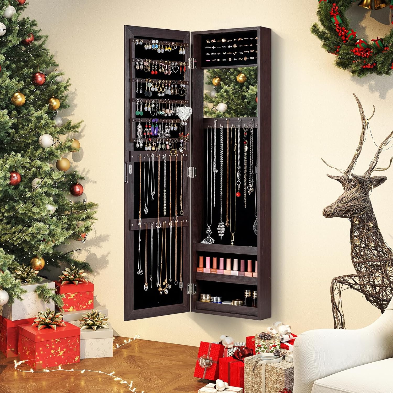 Giantex Wall Mounted Jewelry Cabinet with Full Length Mirror, Over The Door Jewelry Armoire Organizer with Large Storage, Makeup Mirror & Velvet Lining (Brown)