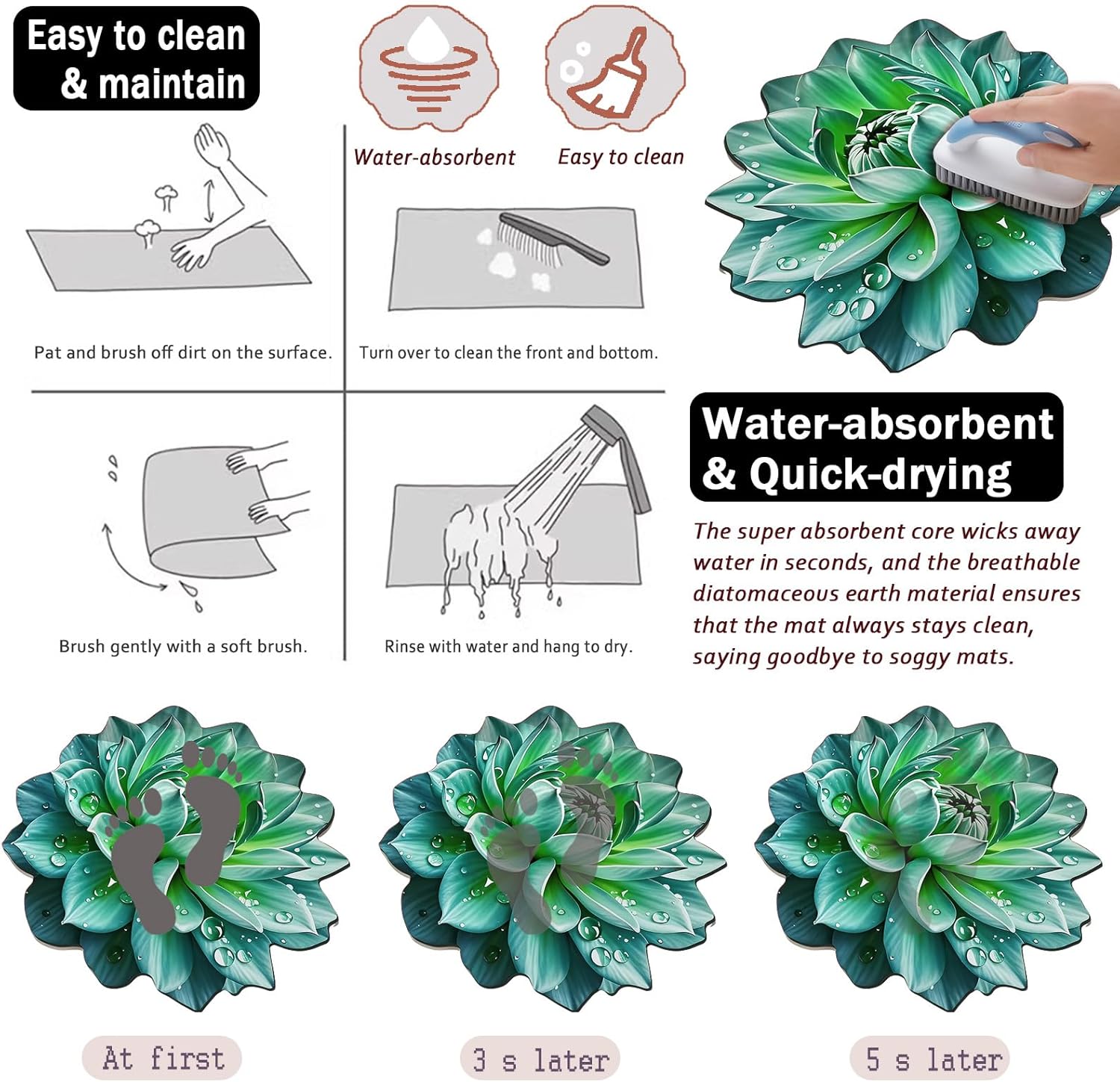 Floral Diatomaceous Earth Floor Mat 3D Flowers Pattern Bath Mat Non-Slip Bath Rug Safe Absorbent Quick Drying Bathmat Suitable for Bathroom Kitchen Entrance (Style 5, 23.62"/60cm)