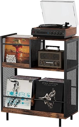 KirKical; Soporte para tocadiscos de 3 niveles con almacenamiento de vinilo con capacidad para hasta 250 álbumes, armario de mesa de exhibición de