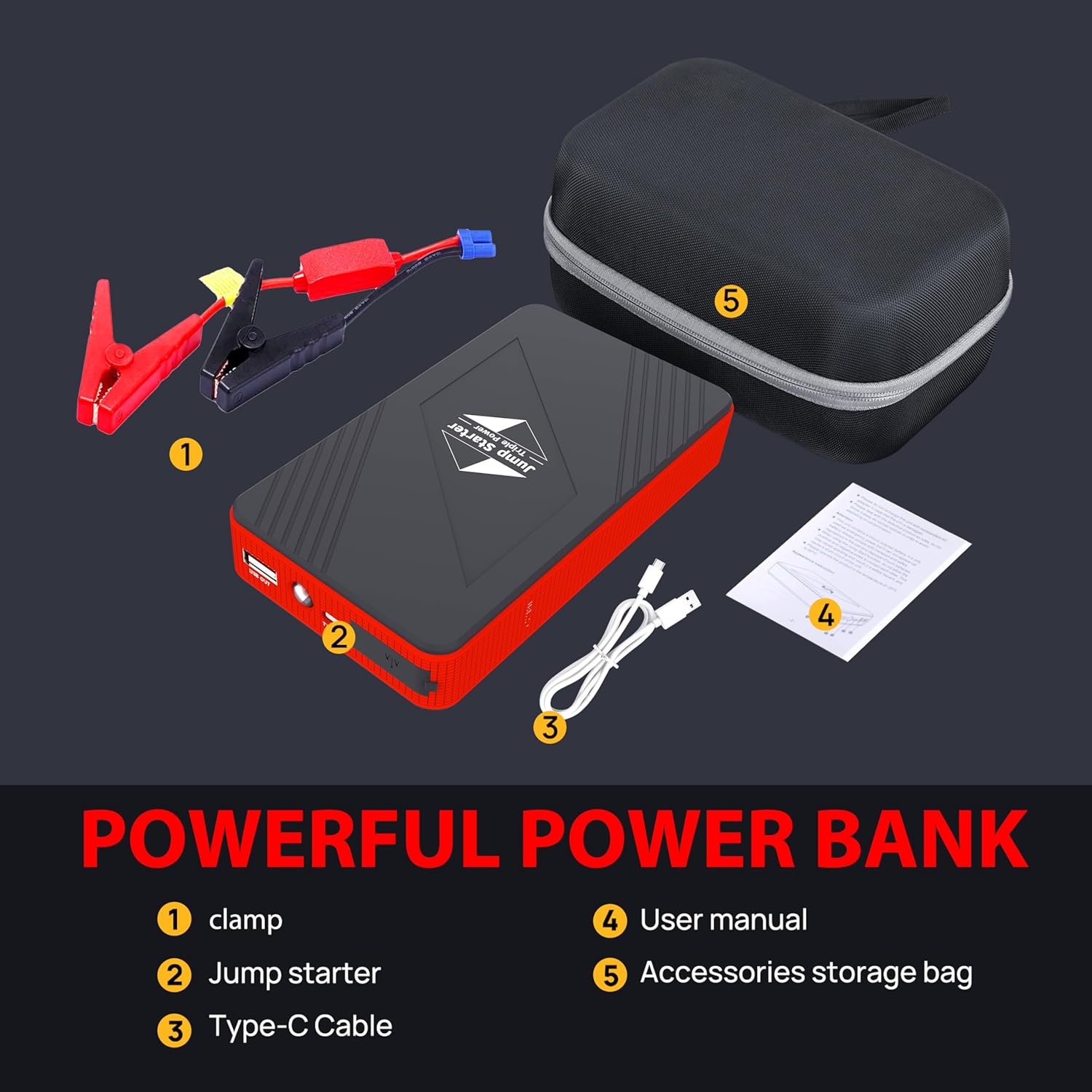 Car Battery Jump Starter, 1000A Peak Car Jumper Starter Battery Pack for Up to 6.0L Gas & 3.0L Diesel Engines, 12V Portable Jump Box with 3 Modes Flashlight and Jumper Cable