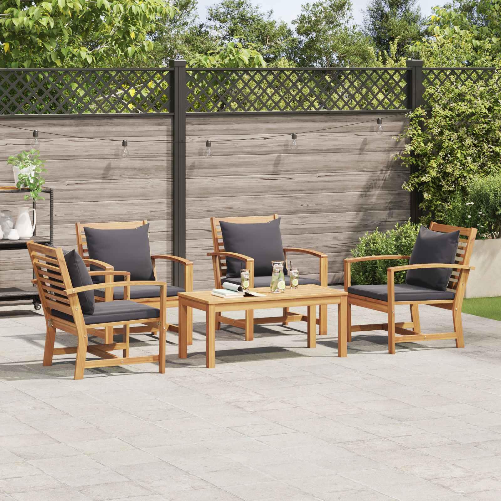 Ensemble de canapé de jardin 5 pièces en teck massif de couleur marron uni avec coussins amovibles pour terrasse - Salon de jardin moderne en teck