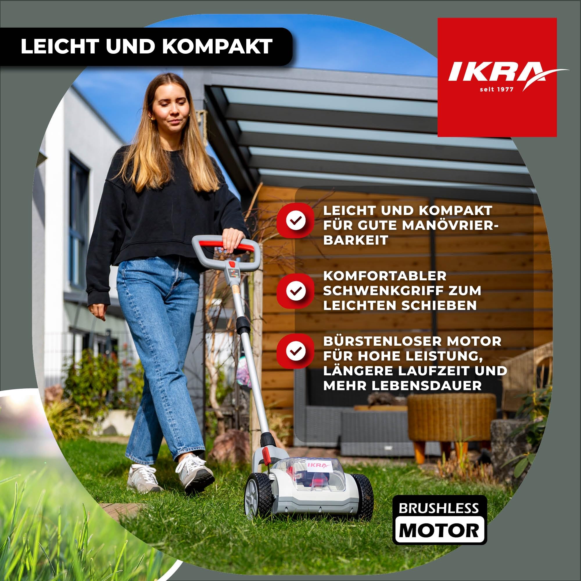 IKRA Akku Einhandmäher Rasenmäher ICHM 20, inkl. 20V Akku & Ladegerät | Mit Mulchfunktion, für kleine Rasenflächen bis 50m², Schnittbreite 21cm, Schnitthöhe 25-48mm, 20V-Akku-Familie von IKRA