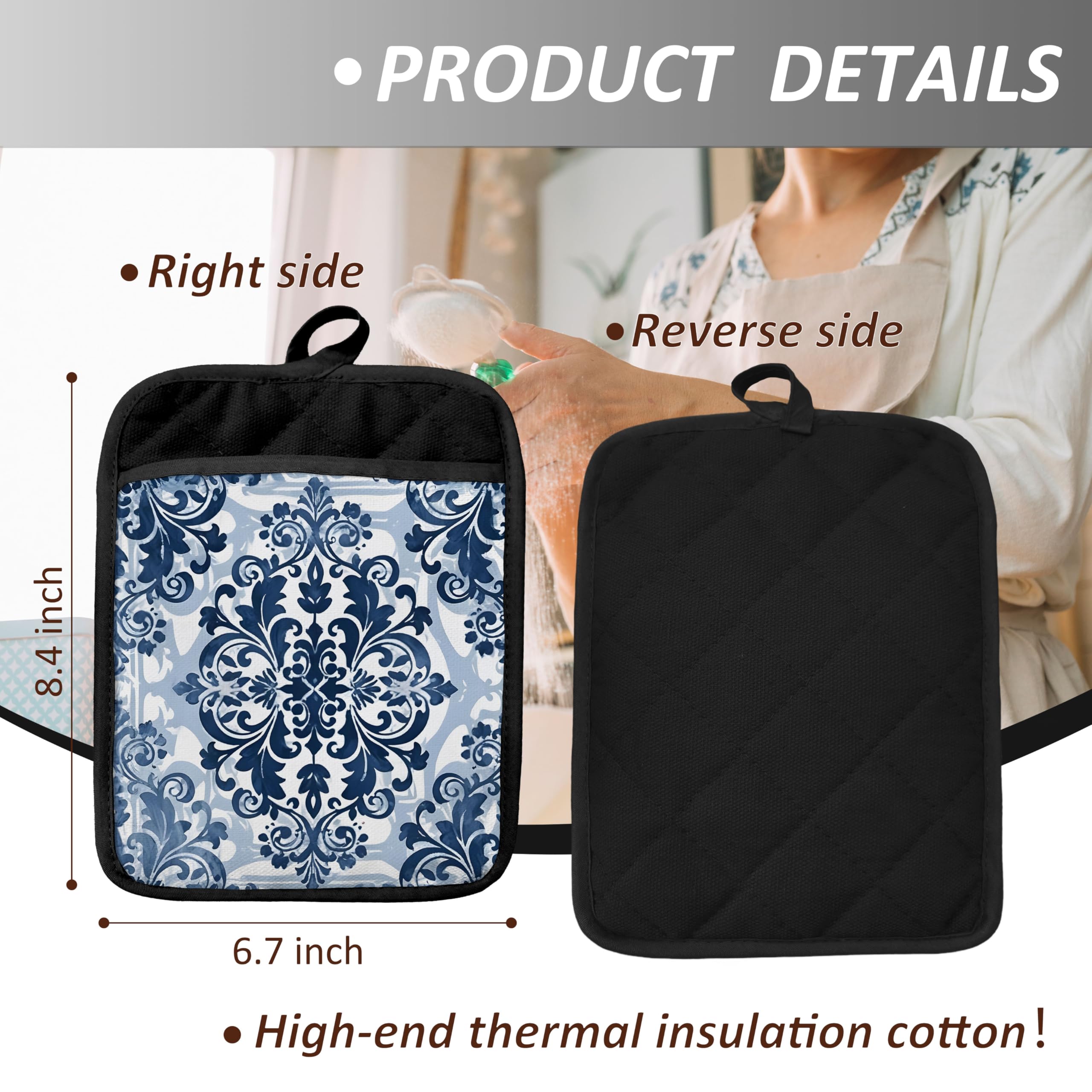 Blue and White Porcelain Floral Pot Holders with Pockets, Blue Chinoiserie Floral Pot Holders Heat Resistant Oven Mitts Hot Pads for Kitchen Baking Cooking,Potholders for Kitchens