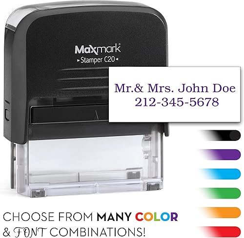 Sello de goma autoentintado personalizado de 2 líneas, elige entre muchas fuentes, elige entre 15 colores de tinta