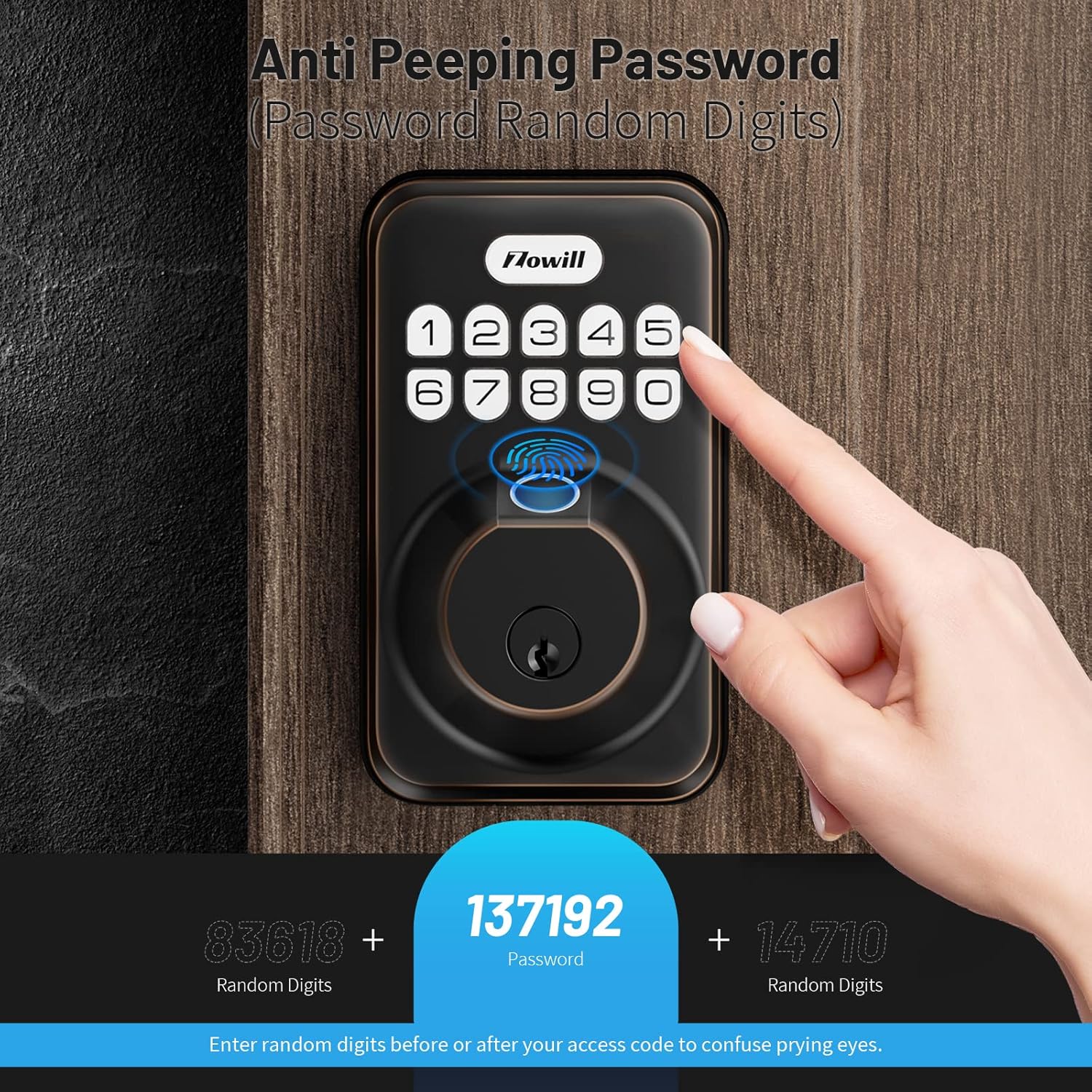 A hand entering a code on the Zowill smart lock keypad, with a diagram explaining the anti-peeping password feature using random digits.
