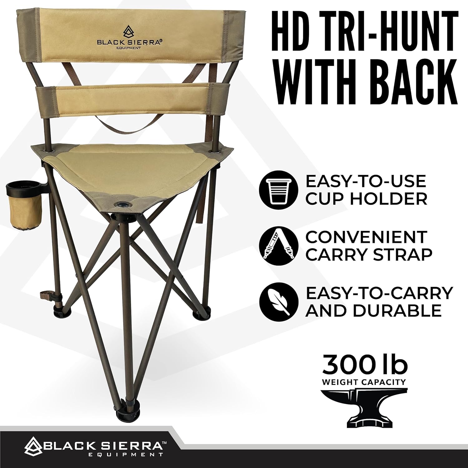 Black Sierra XL Tripod Hunting Stool, Foldable Tripod Seat w/Steel Frame Supports 300 Lbs, Heavy Duty Fishing Chair Features Cup-Holder & Carry Shoulder Strap, for Camping (TAN 2)