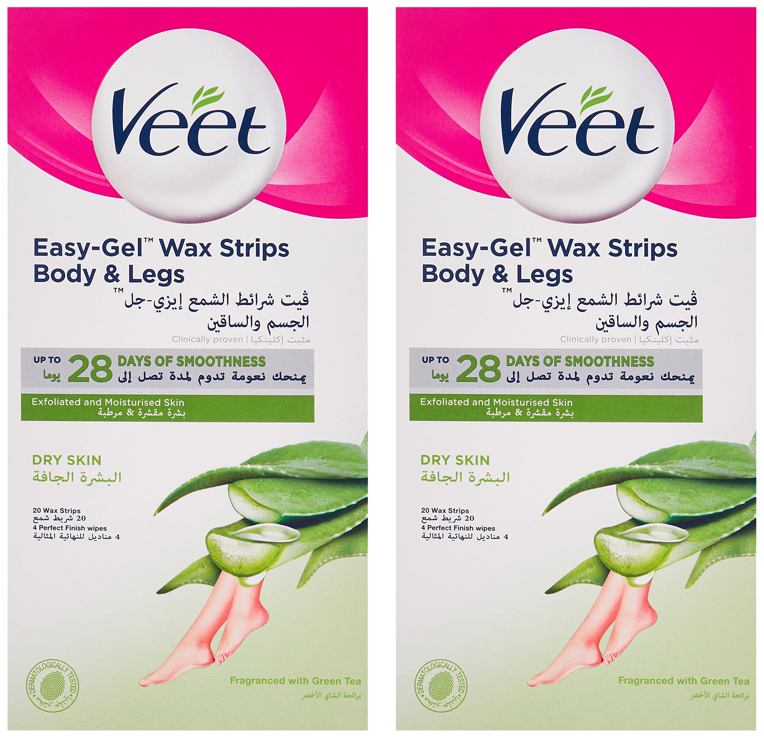 Hair Removal Easy-Gel Wax Strips Body & Legs for Dry Skin, Nourishing Aloe Vera & Green Tea Scent – 20 Wax Strips Twin Pack