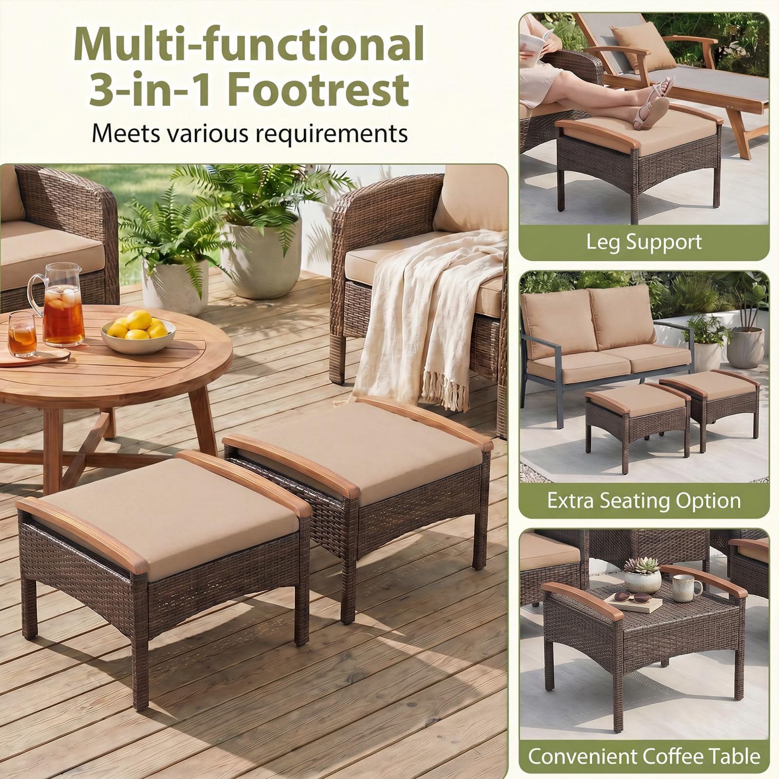 GIANTEX 5er Rattan Gartenmöbel Set, Balkonmöbel Set 2 Sessel & 2 Fußhocker & 1 Couchtisch, 5 tlg. Gartengarnitur Gartenlounge Set, Balkonset Möbel Rattanmöbel, Rattan Sessel mit Kissen(5er Set, Khaki)