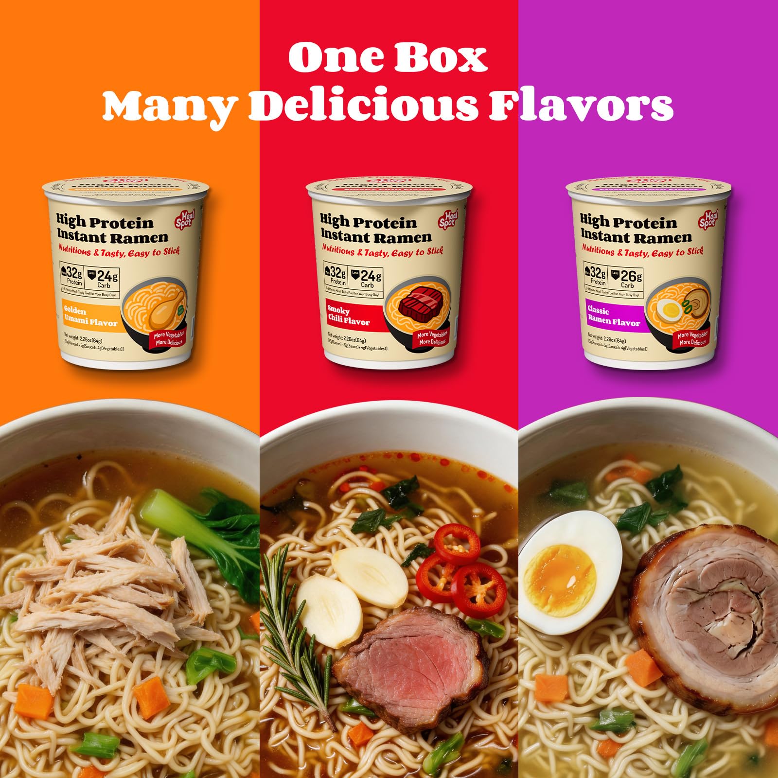 Healspot High Protein Instant Ramen Variety Pack (6 Cups) - 32g Plant-Based Protein, Non-Fried, Low Carb, Low Fat, Non-GMO, Keto & Vegan Friendly (Golden-Chicken,Smoky-Beef,Classic-Pork)