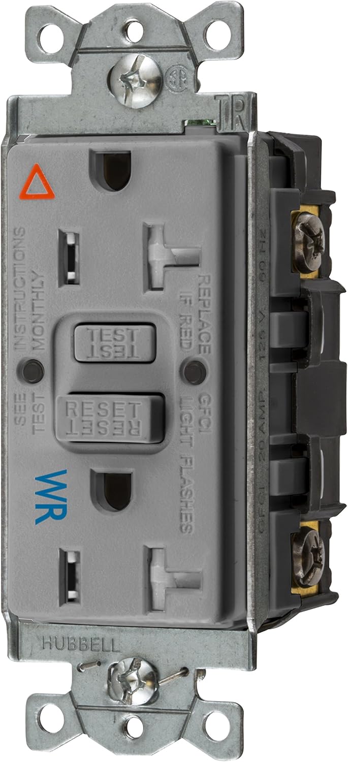 Bryant Electric GFTWRST20GYIG 20 Amp 125V Commercial/Residential Self Test Weather Resistant Tamper-Resistant Duplex GFCI Receptacle, Gray