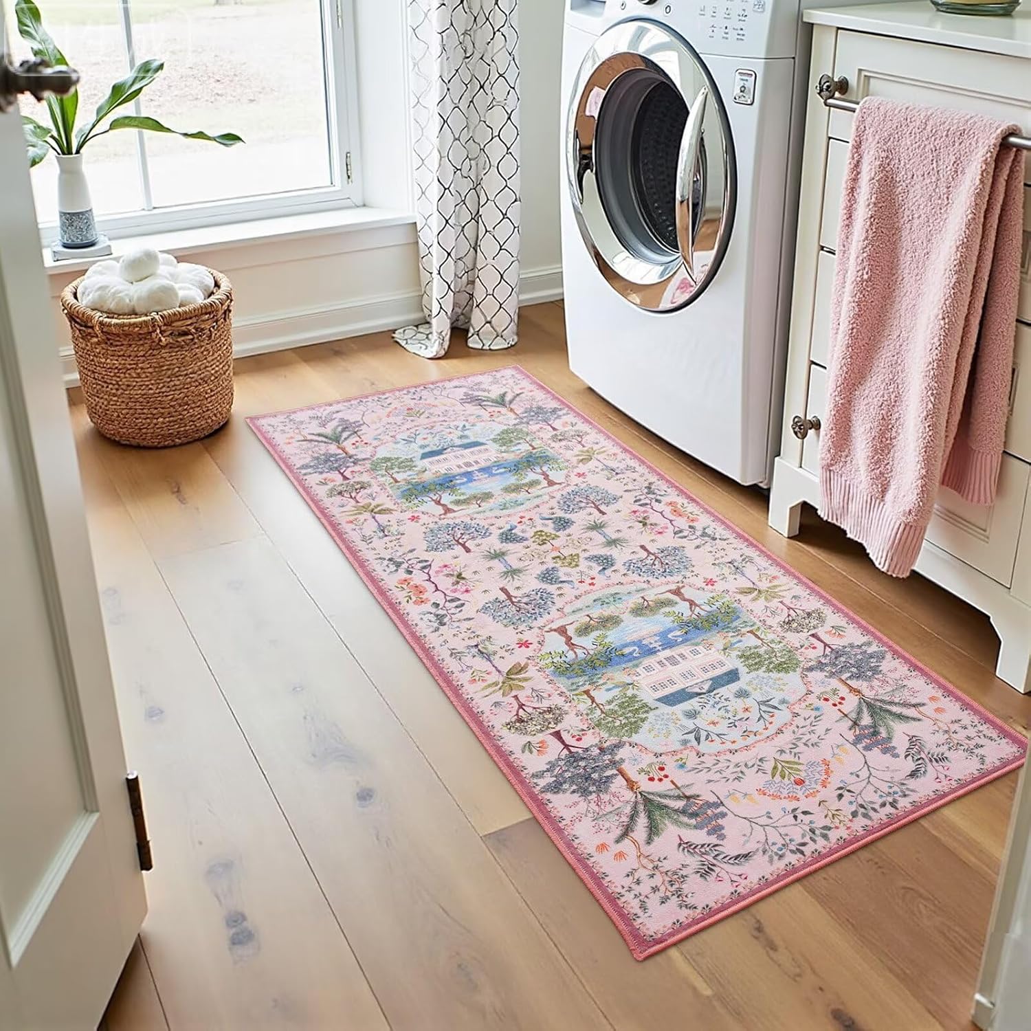 Vasofe Runner Rug for Hallway, 2x6 Pink Washable Rugs for Girls Bedroom, Kitchen, Entryway, Jungle Animal Print Indoor Floor Mat for Laundry Room, Non Slip Low Pile Soft Mats Nursery Room Carpet