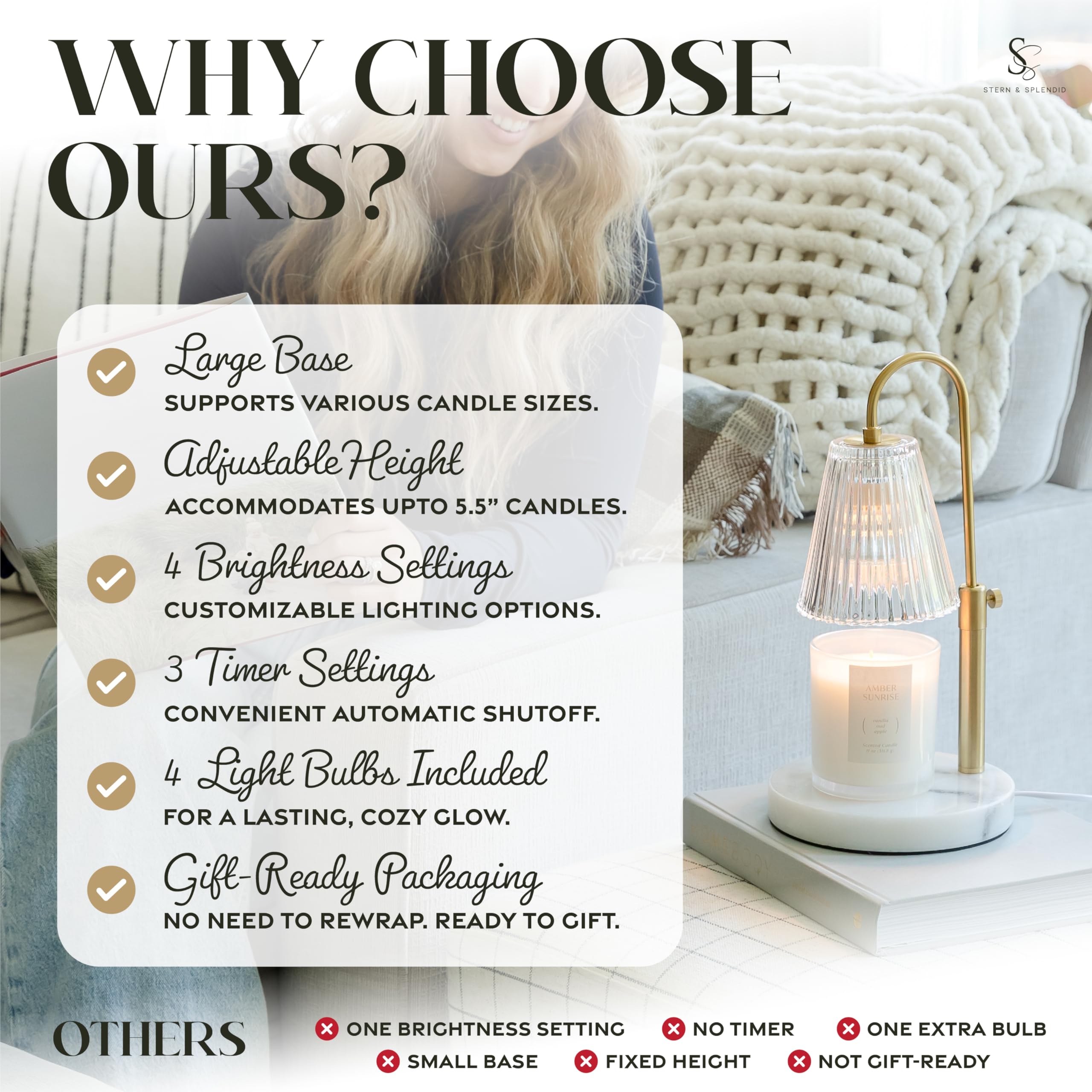 Lampada riscaldante senza fiamma per candele in vaso grande e piccola - riscaldatore per candele elettrico con base in marmo grande e altezza regolabile - melter candela con timer e 4 lampadine