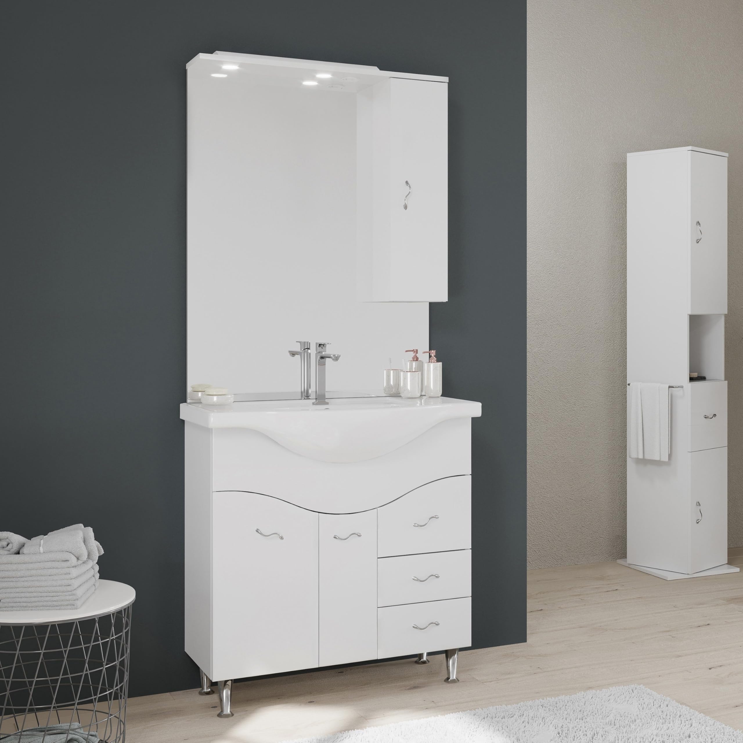 Kiamami Valentina - Mueble de baño de 85 cm en el Suelo con Lavabo, Espejo y Armario Colgante en Color Blanco.