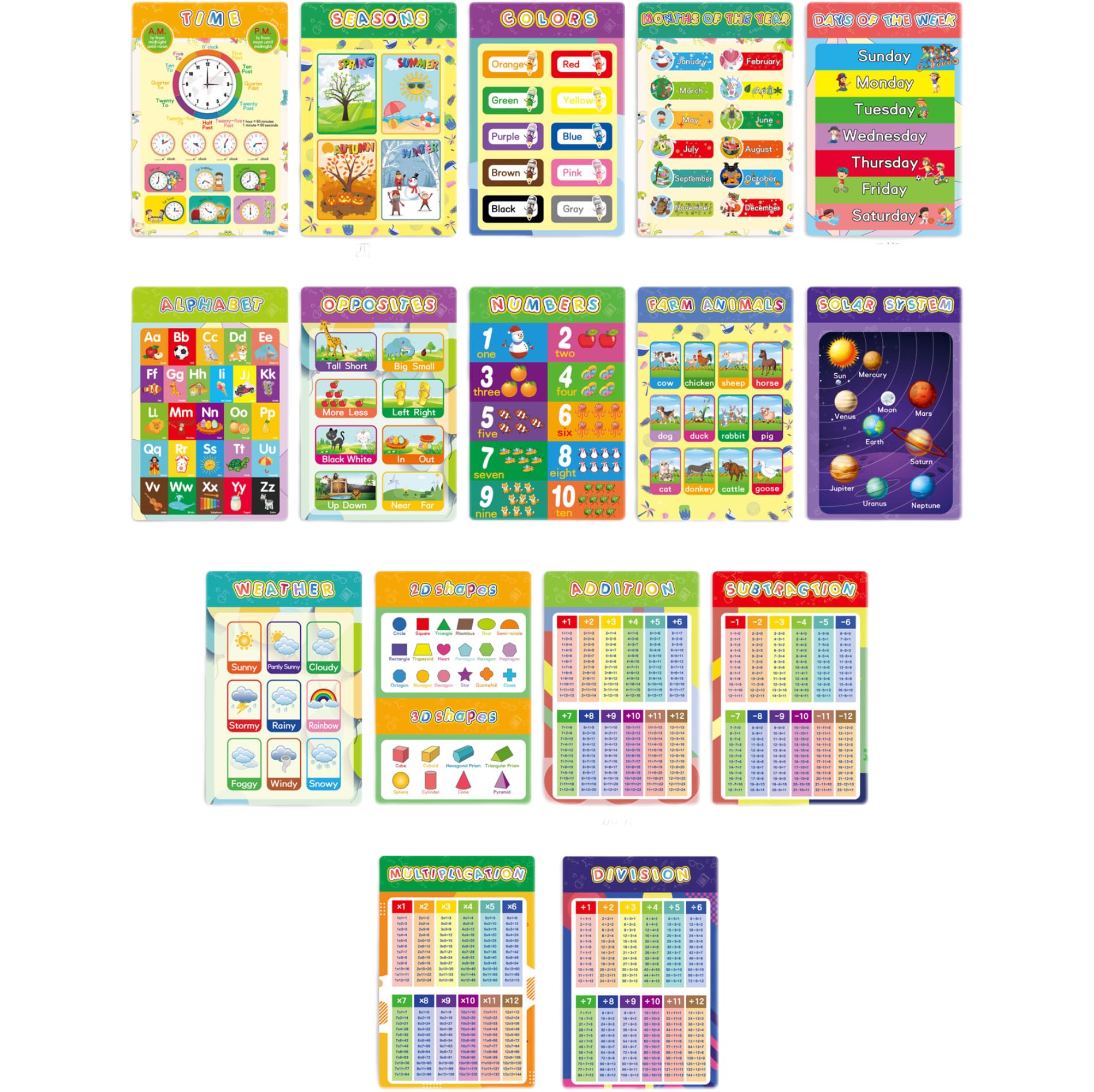 16 Pcs Educational Posters for Kids Alphabet Numbers Math Learning Charts