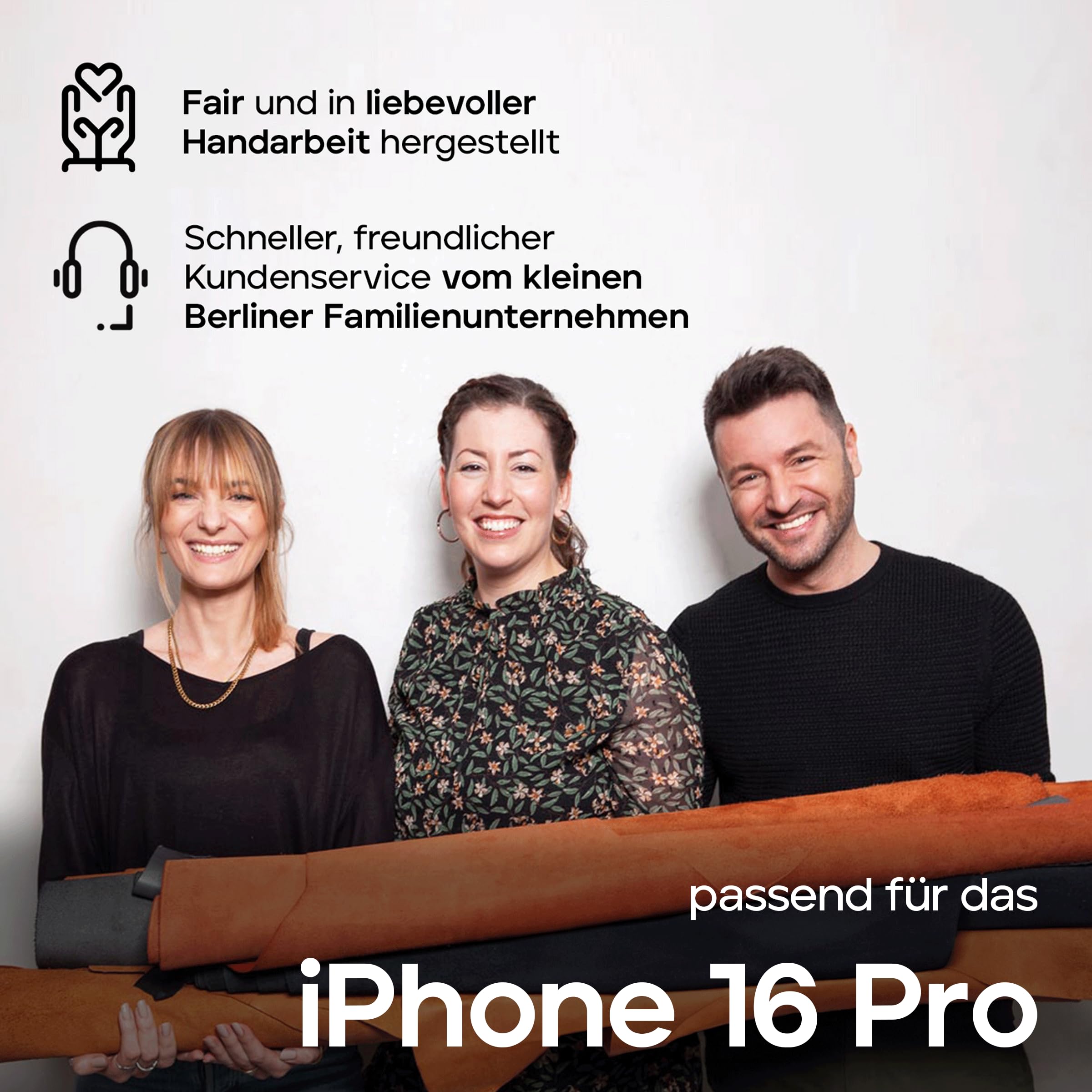 WIIUKA Hülle für iPhone 16 Pro, Leder aus Deutschland, Lederhülle Handykette, Premium Handyhülle, Case, Kette Band Umhängen, Schwarz