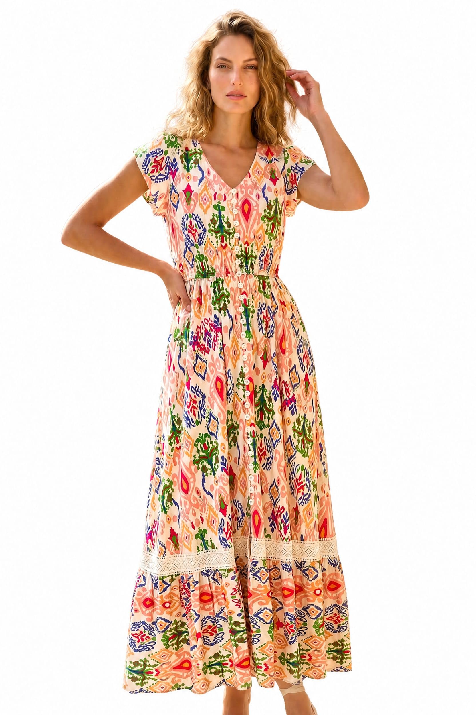 Roman Women's Abstract Button Through Maxi Dress in Orange | Size: 16