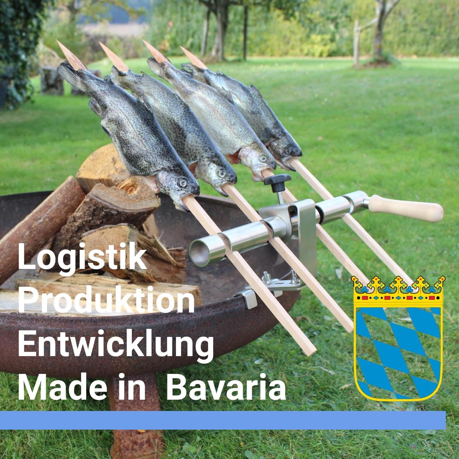 Premium Steckerlfisch Halter für Feuerschale - Platz für 4 Fische - Fisch Grill Aufsatz passt auf Jede Feuerschale - stufenlos verstellbar - Original Buchenholz Spieße - Asado Grill für Feuerschale