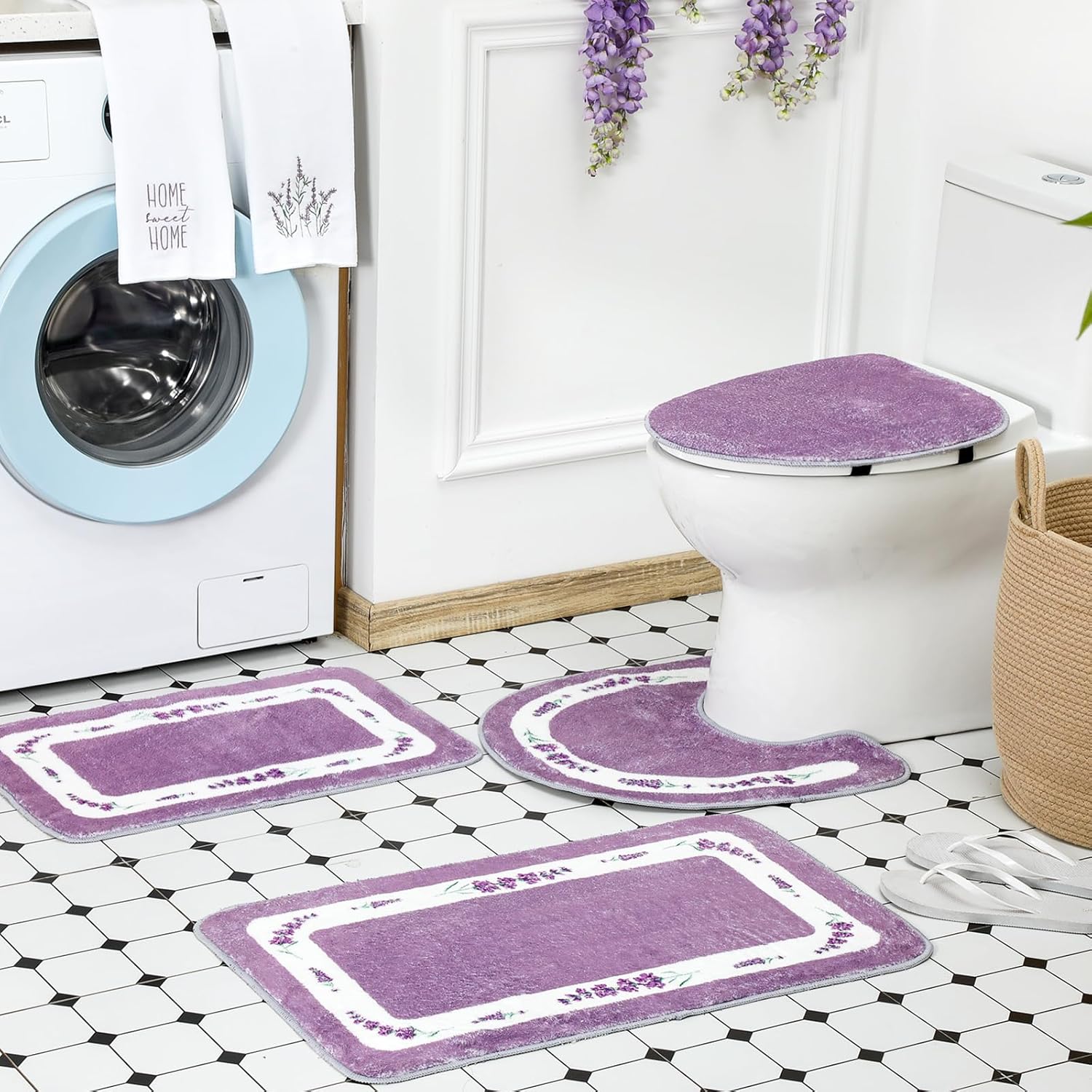 Nuanchu 6 Pcs Spring Lavender Purple Bathroom Rugs Set 2 Floral Hand Towels 2 Water Absorption Bath Mat 1 Non Slip U-Shaped Toilet Rugs 1 Toilet Lid Cover for Spring Bathroom Bedroom Living Room