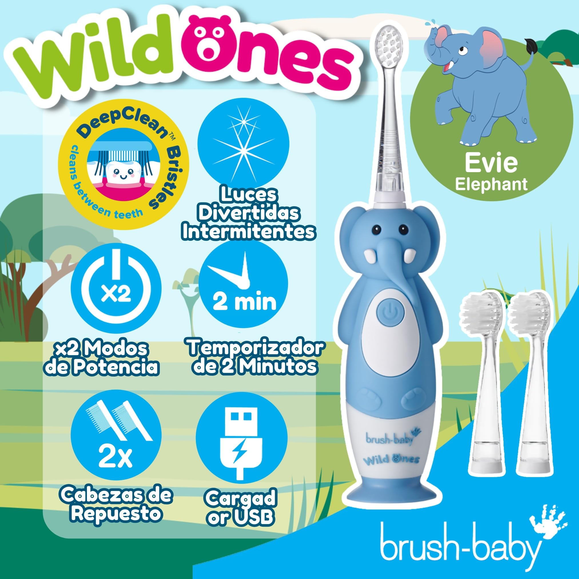 Brush-Baby WildOnes Cepillo de dientes eléctrico recargable para niños, elefante, 1 mango, 3 cabezales, cable de carga USB, para edades 0-10 (elefante)