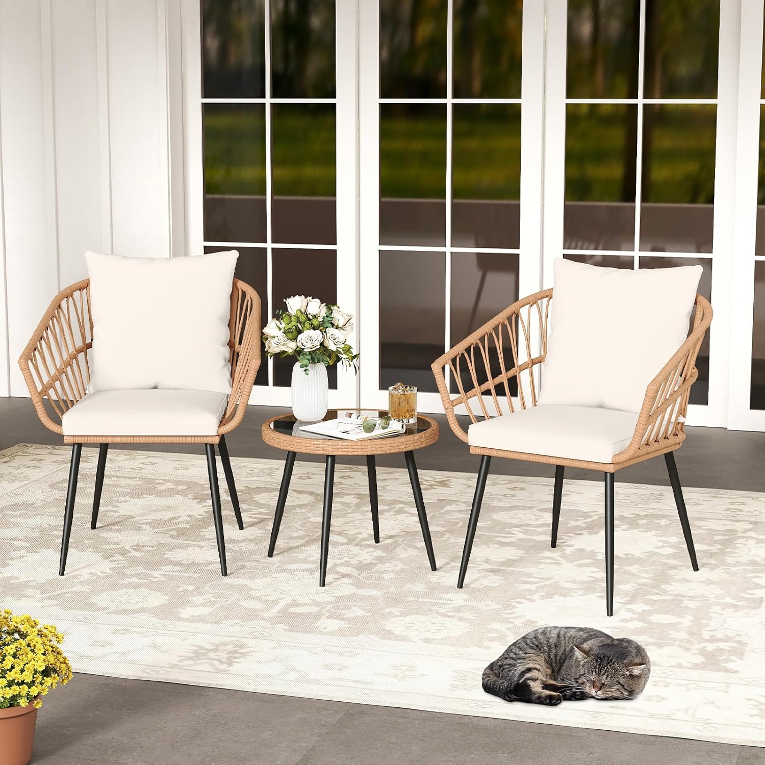 Tangkula 3 Piece Patio Bistro Set, PE Rattan Conversation Chairs with Round Glass Table & Soft Cushions, Outdoor Patio Furniture Set with Metal Frame for Balcony, Garden (Off White, 16.5 × 15.5 Inch)