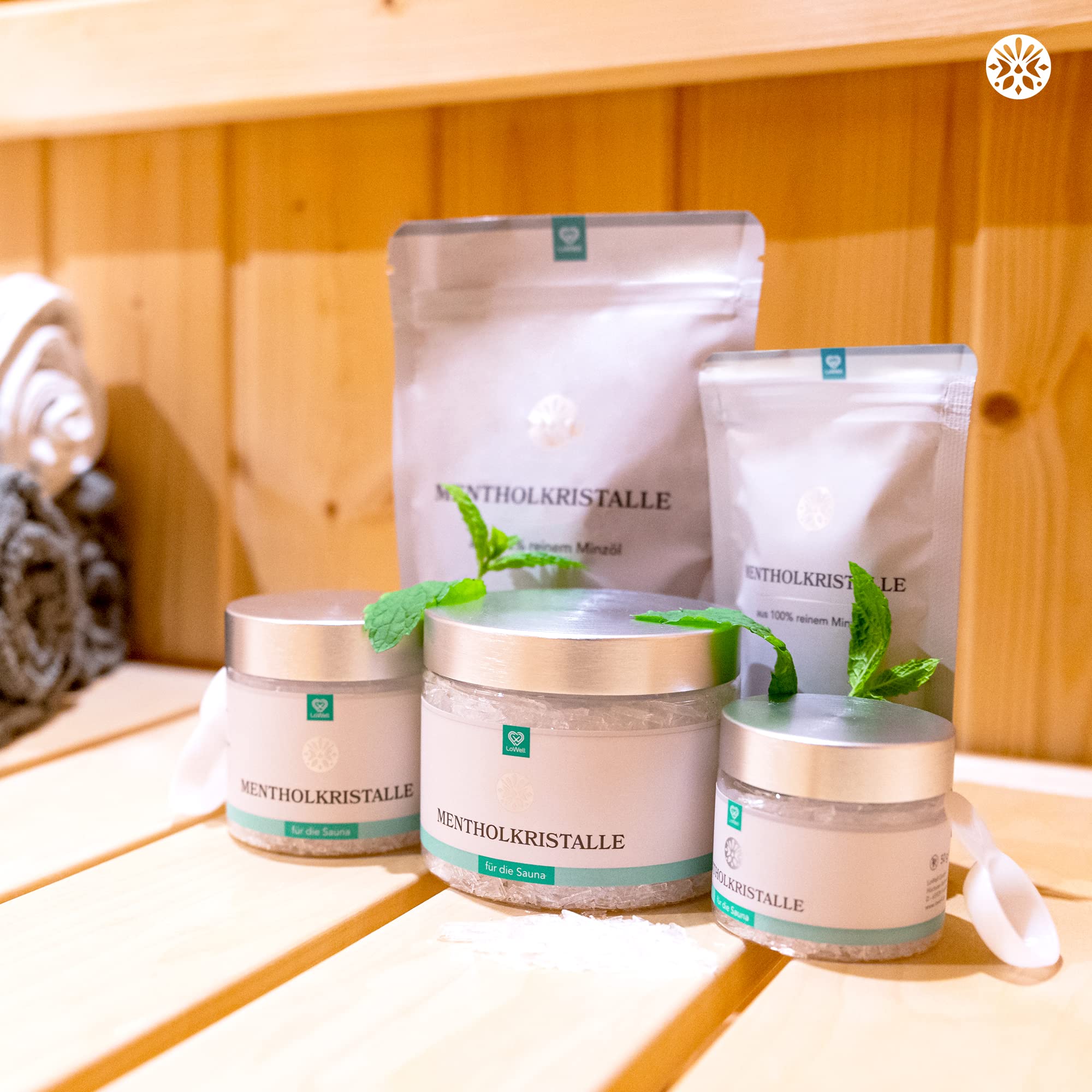 LoWell® 100g Cristaux de menthol 100% menthe pure - Idéal comme infusion pour le sauna dans une boîte refermable - Menthol