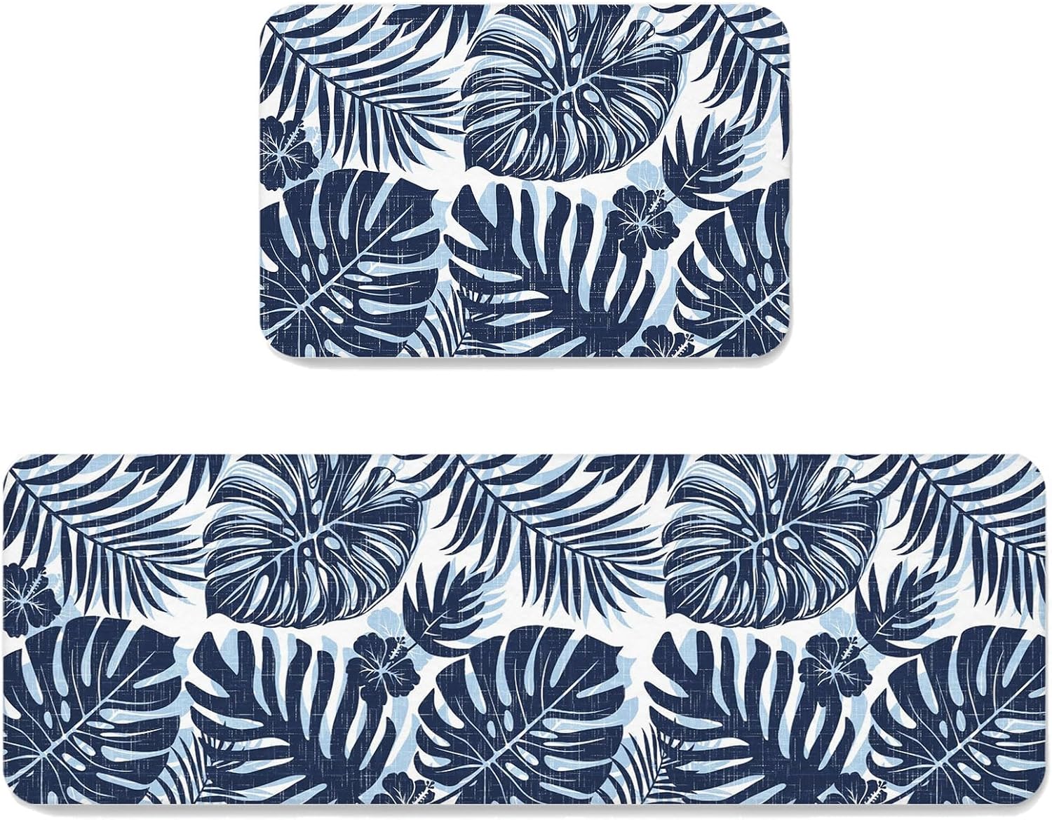 Navy Blue Palm Leaves Kitchen Mats Set of 2 Tropical Botanical Minimalist Modern Non Slip Mat Washable Floor Rug for Kitchen Sink Floor Laundry, 23.6"x35.4"+23.6"x70.9"