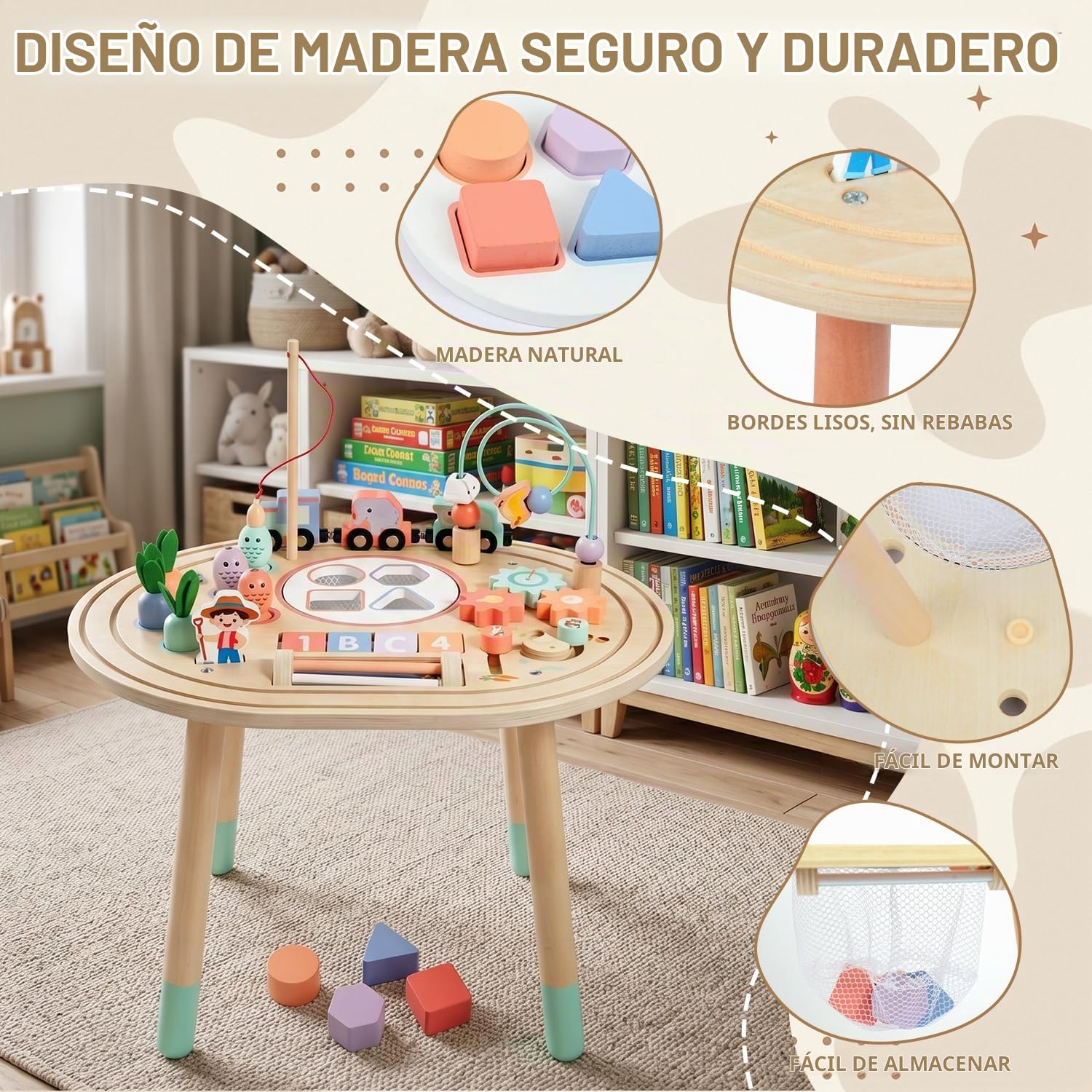 10-en-1 Mesa de Actividades Bebés, Montessori de Madera para Niños 1Años | Juguete Sensorial con Juego de Pesca, Tren de Animales y Clasificador de Formas, Regalo Cumpleaños Navidad para Niña Niño