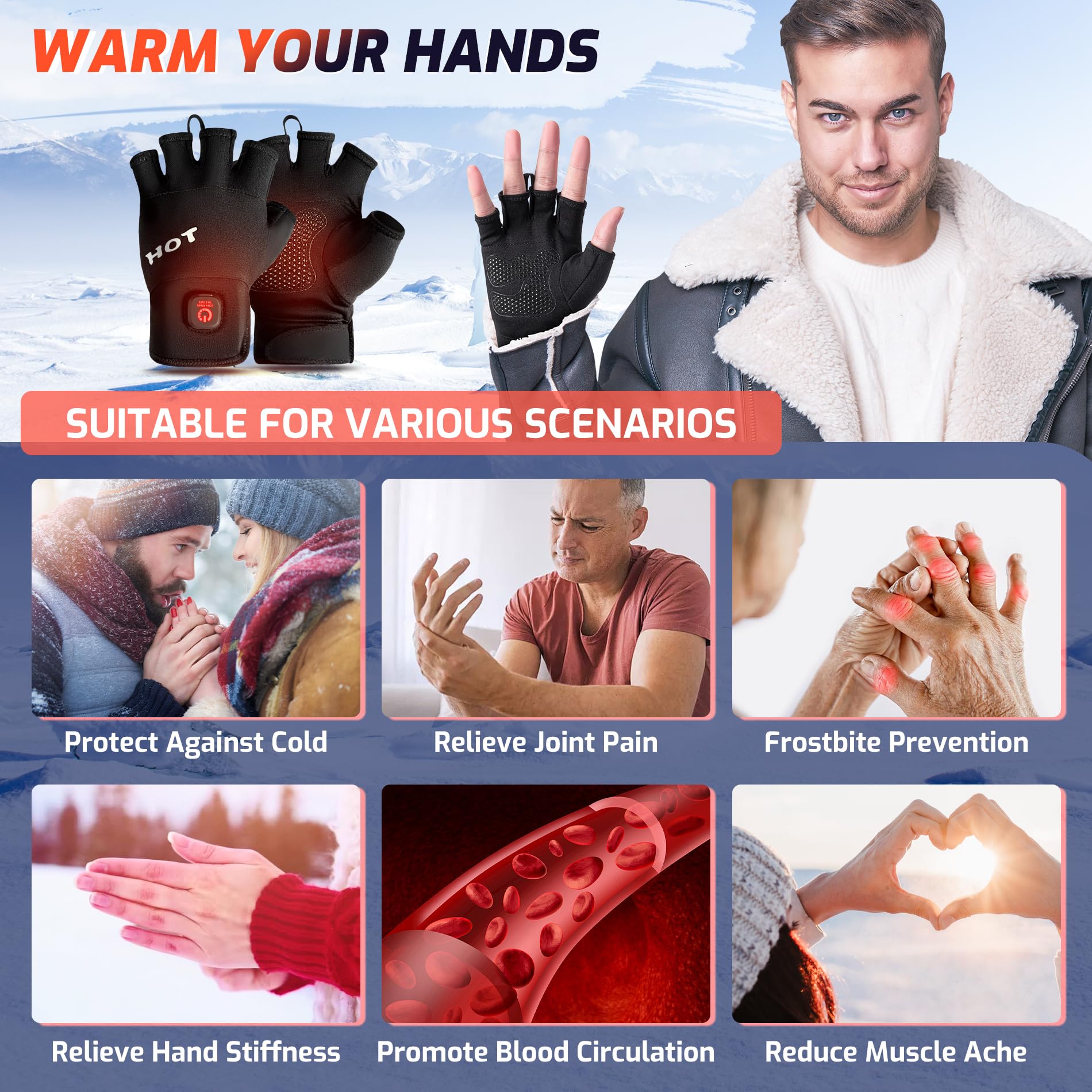 Guantes térmicos para hombres y mujeres, recargables, con pantalla táctil eléctrica, para el frío, el trabajo, la artritis, alivio del dolor, calentadores de manos, compresa caliente, guantes térmicos