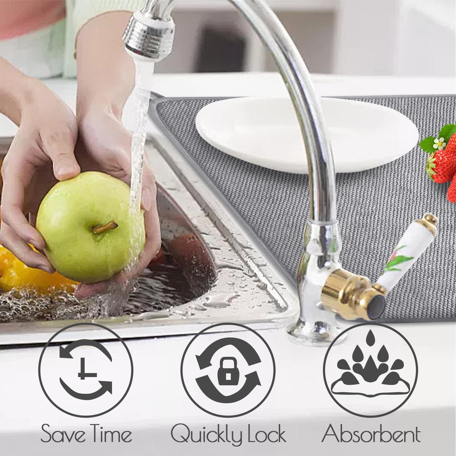 3 Stück XXL-Abtropfmatten, saugfähige Mikrofaser-Abtropfmatte, große Küchentheken-Pads für Kaffee, Regal, unter der Spüle, Abtropfgestell, Arbeitsplatten, Nadelstreifen (grau, 61 x 43 cm)
