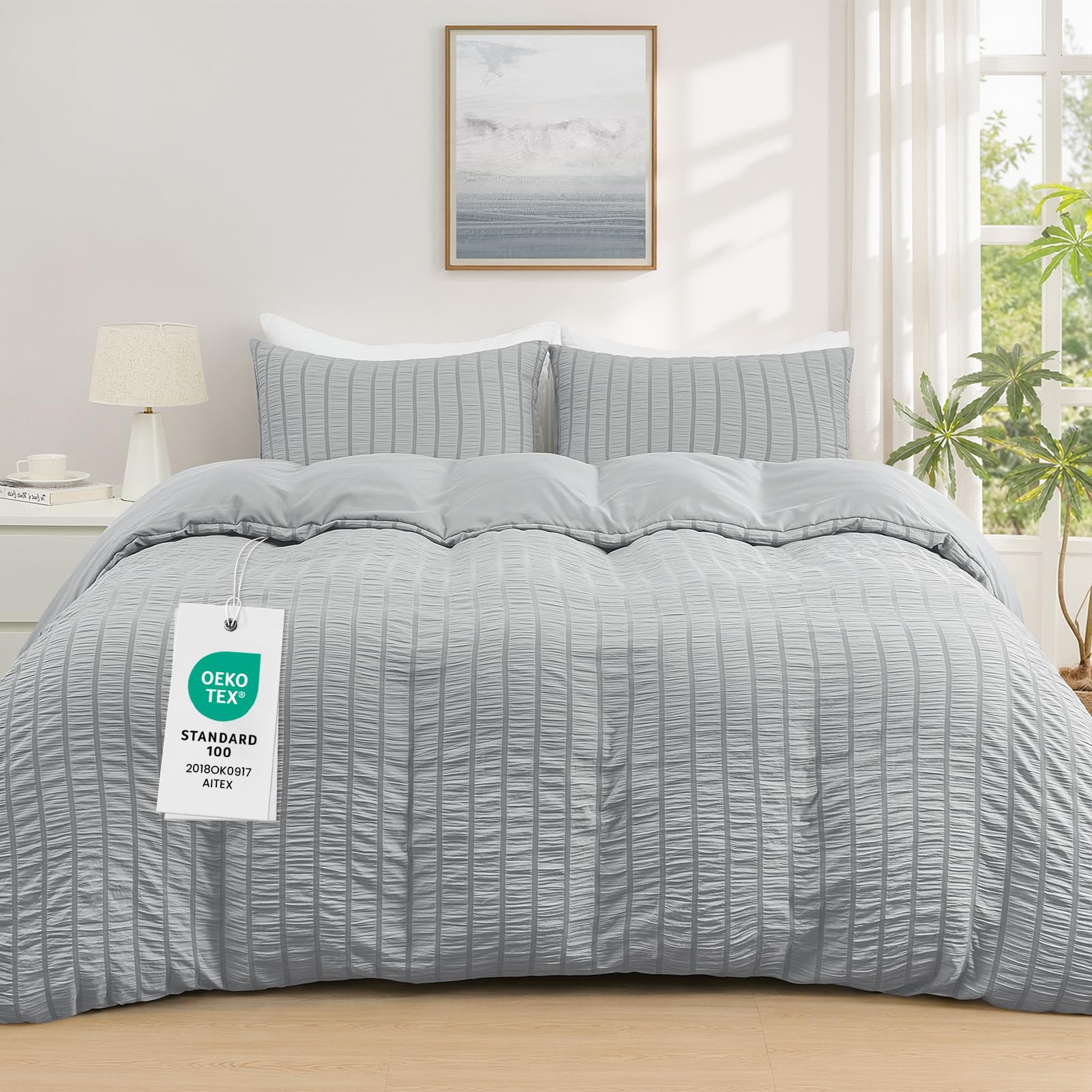 Duvetnova Seersucker King Size Duvet Cover Sets Light Grey OEKO-TEX Soft Breathable Microfiber Bedding Set with Zipper Closure All Season 230x220cm with 2 Pillow Cases