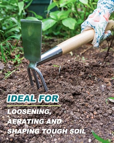 Miniatura 2 de Azada y cultivador rastrillo de jardín, herramienta de cultivador de mano con mango de madera, herramienta versátil para excavar, aflojar el suelo,