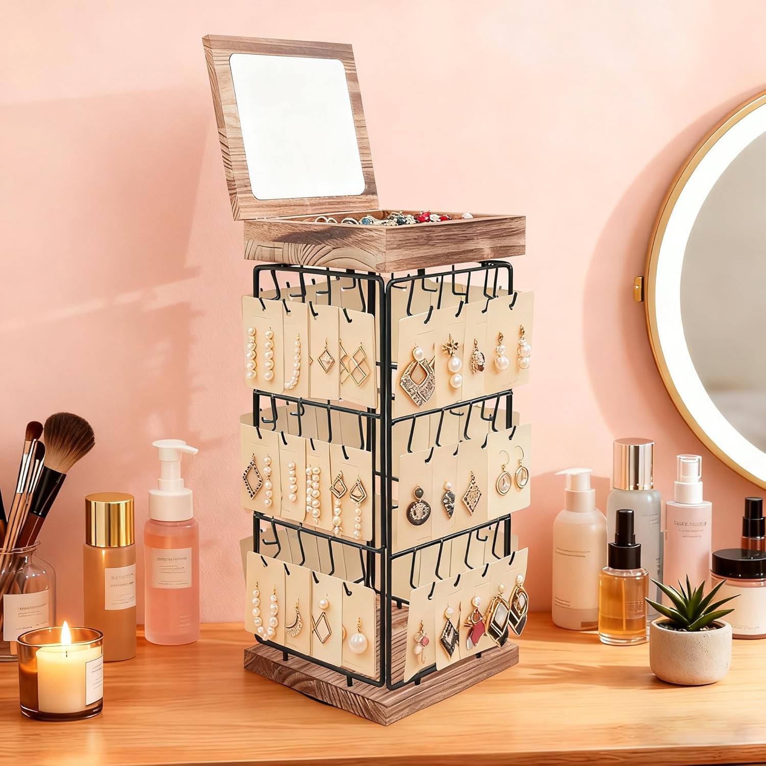 4-Tier 360° Rotating Earring Display Stand, Tool-Free Assembly Jewelry Organizer with Upgraded Velvet Tray & Mirror Top, for Vendors, Craft Fairs, Home Use