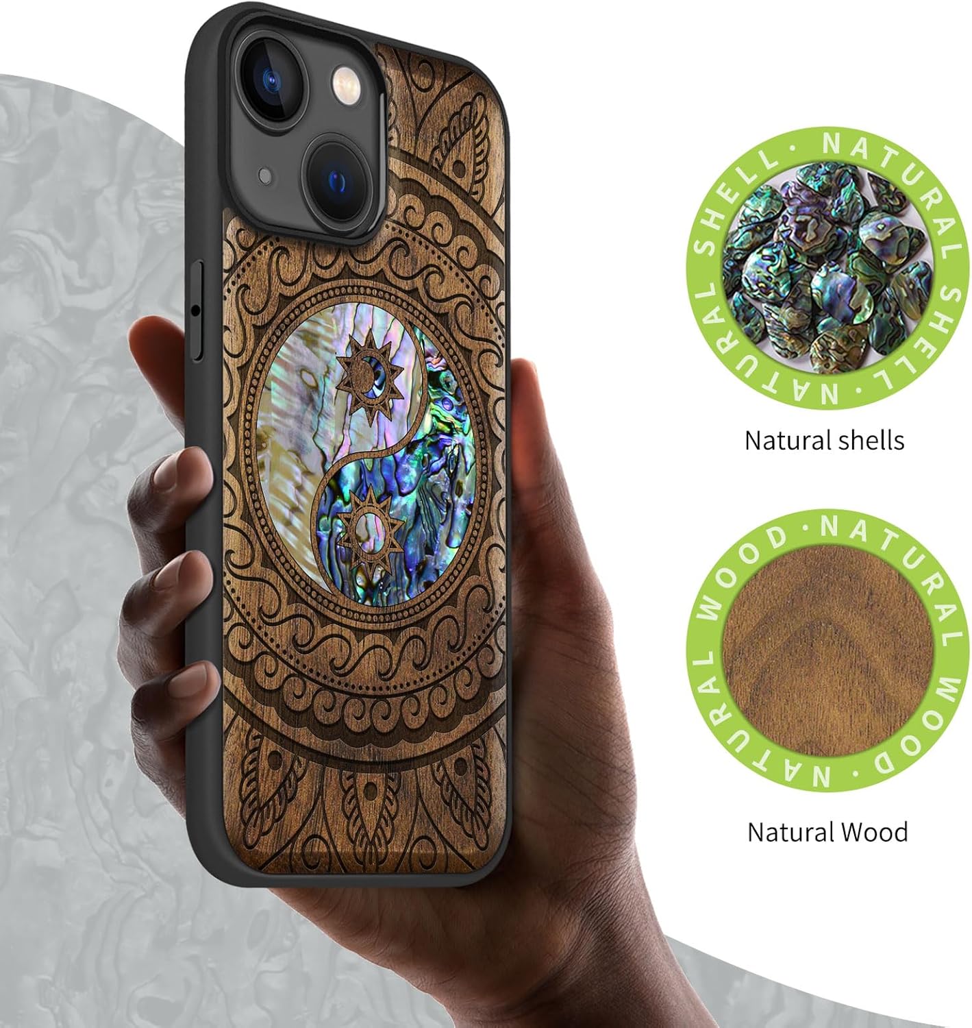 Carveit Wooden Case for iPhone 15 Magnetic Case, Compatible with MagSafe Wireless Chargers, Shockproof Cover, Handmade Shell Inlaid & Wood Artisan Engraved (Yin Yang Paisley) Walnut