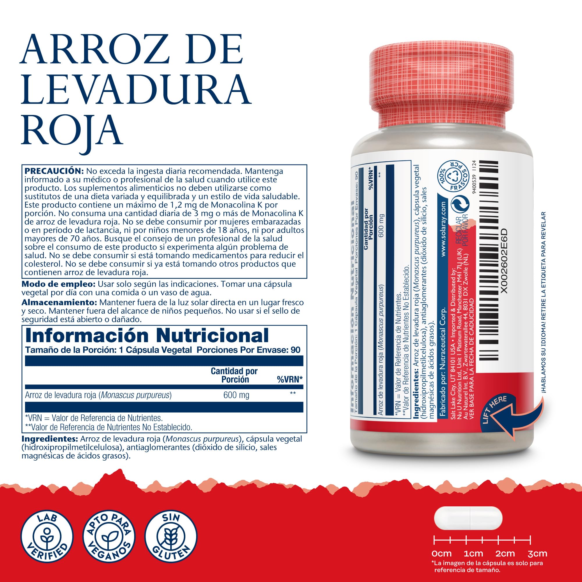 Arroz de Levadura Roja, 90 Cápsulas Veganas, Complemento de Alta Potencia, Verificado por Laboratorio, Solaray