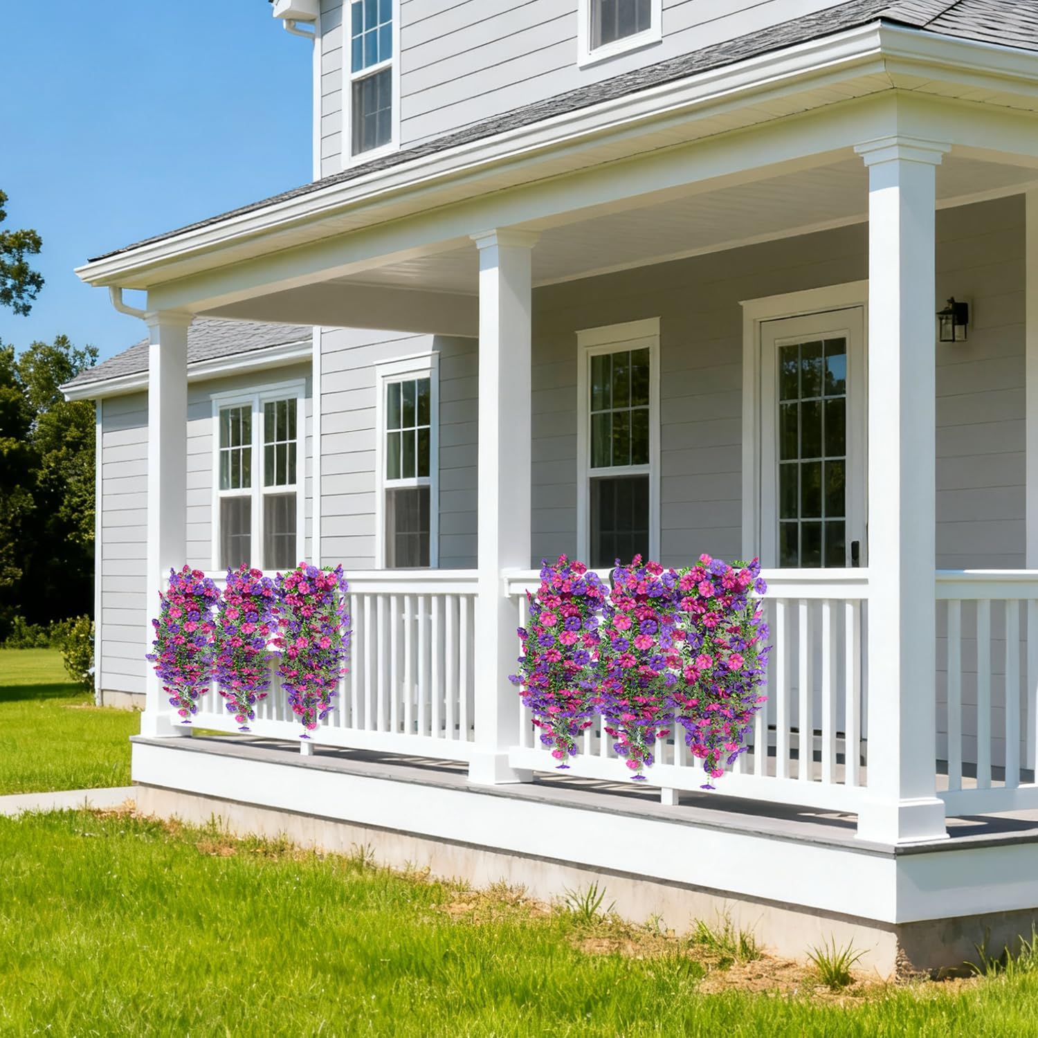 2PCS Artificial Hanging Flowers for Outdoor, Realistic Silk Morning Glory with Eucalyptus Vines, UV Resistant Faux Plants for Patio Balcony Garden Wall Home Decor Window Box Yard(Purplish Red) - Image 5