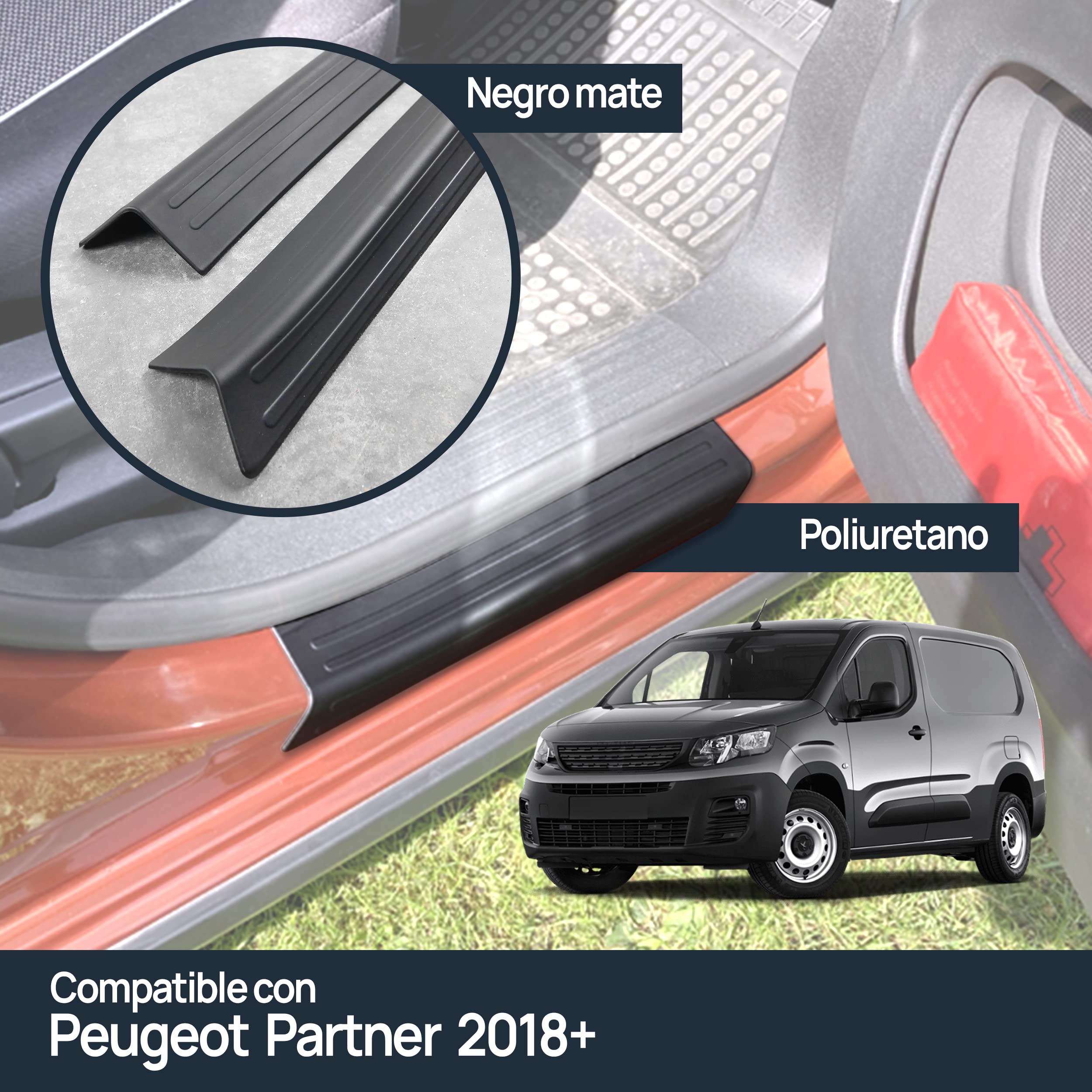 CHROMEMASTER | Protectores de Umbrales de Coche, Compatibles con Peugeot Partner 2018- | Poliuretano, Negro Mate | Las Placas Protegerán los Umbrales y la Pintura de tu Coche de Daños y Arañazos