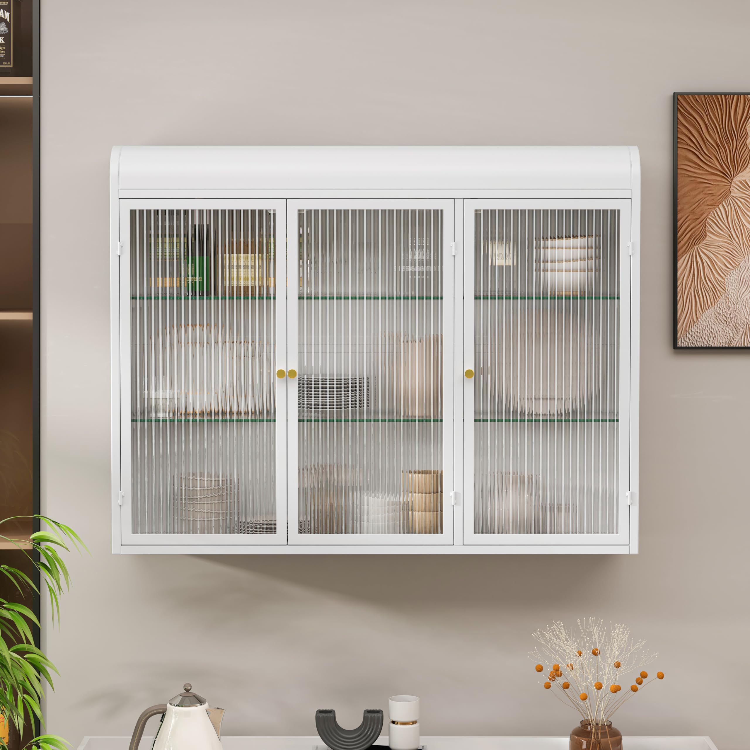 Cabinet in vetro a 3 porte, con montaggio a parete, per la casa e il bagno (bianco)