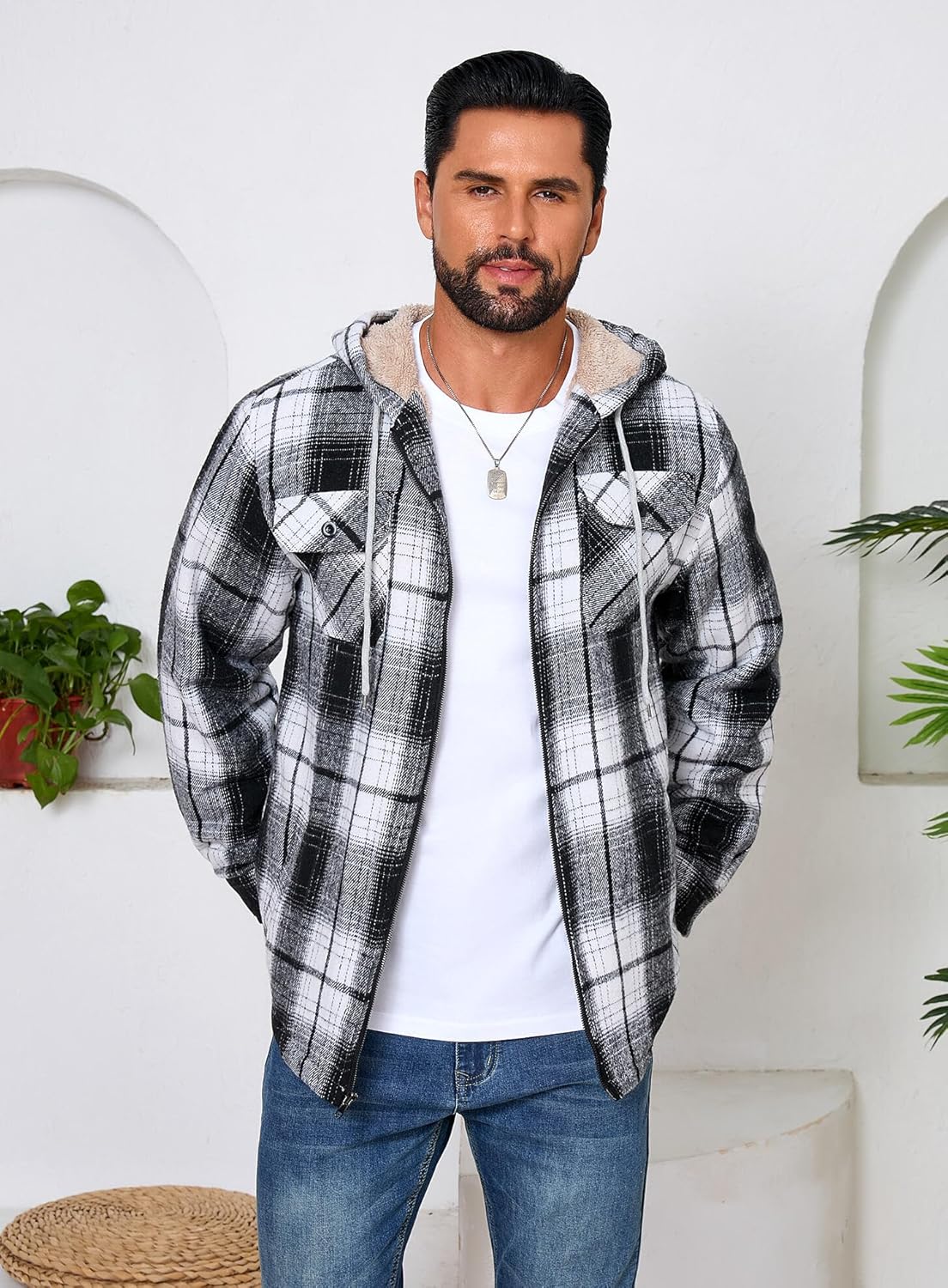 Men's Zip Up Flannel Shirt Jacket Fleece Lined Long Sleeve Plaid Coat Heavyweight Hoodie with Hood - Image 2