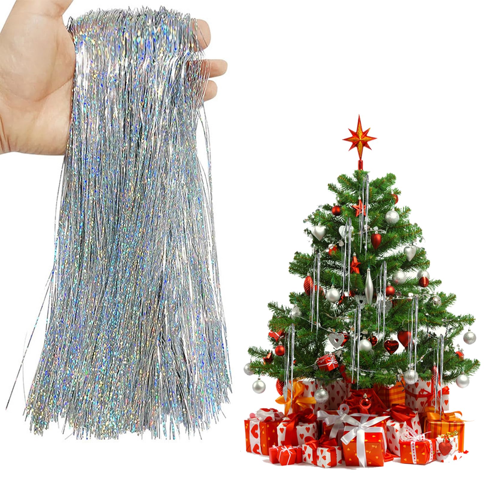 Cymygs Sliver 2000 Strands Tinsel Icicles Foil Fringe Tinsel, Sparkling Shiny Christmas Tree Garland Tinsel Icicles Fringes For Party Gift Supplies,Xmas Birthday Party Decorations