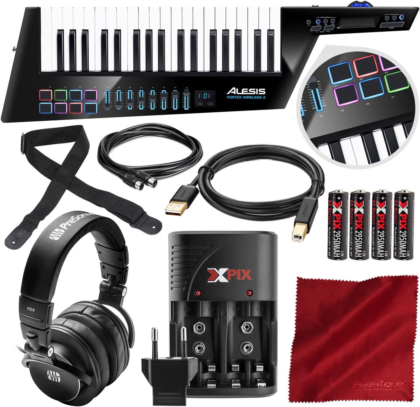 Alesis Vortex Wireless 2 USB/MIDI Keytar Controller with PreSonus HD9 Headphones, Rechargeable Battery Kit, and Deluxe Accessory Bundle